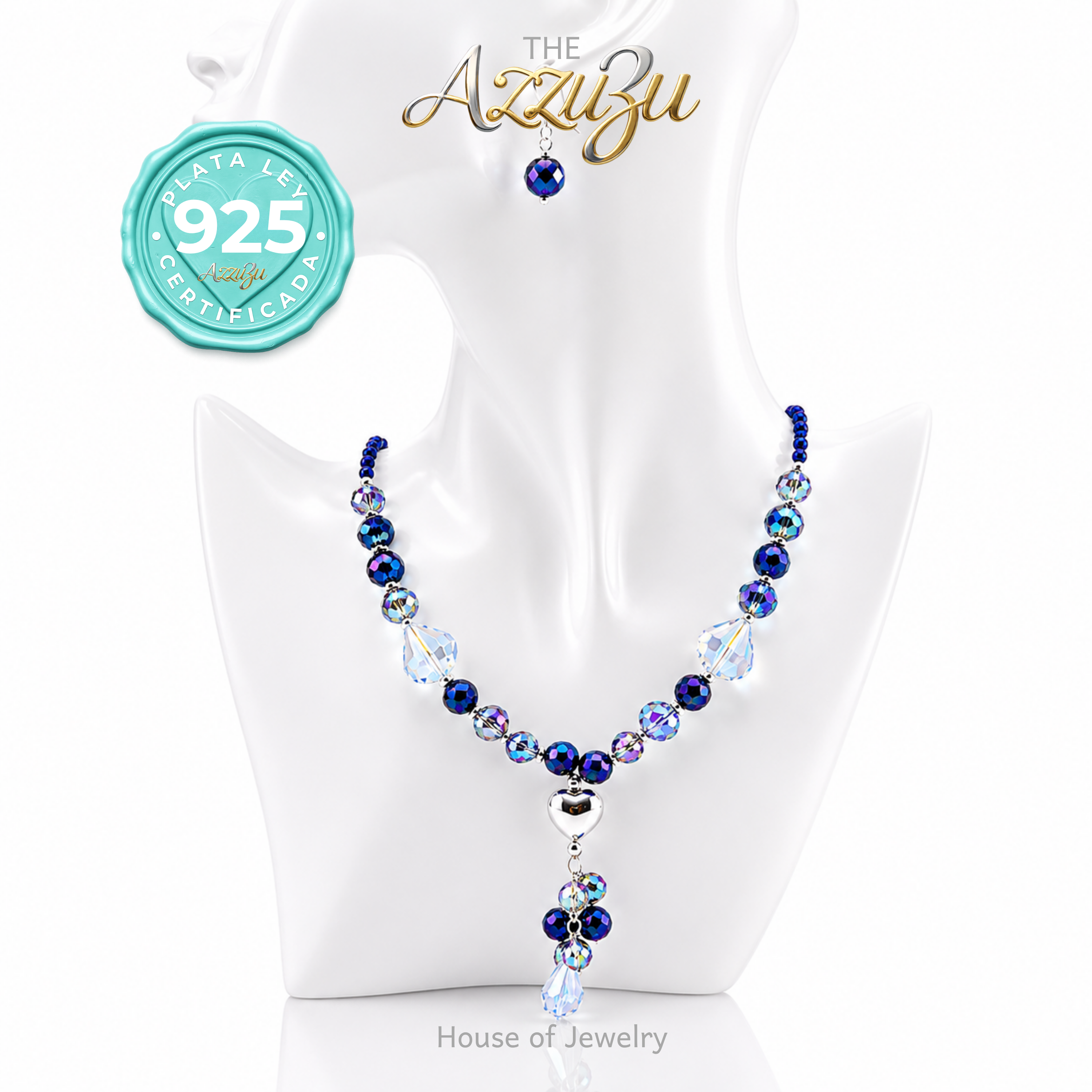 The AzzuZu 925 Sterling Silver Agate & Crystals “Puffed Heart” Necklace & Earrings Set