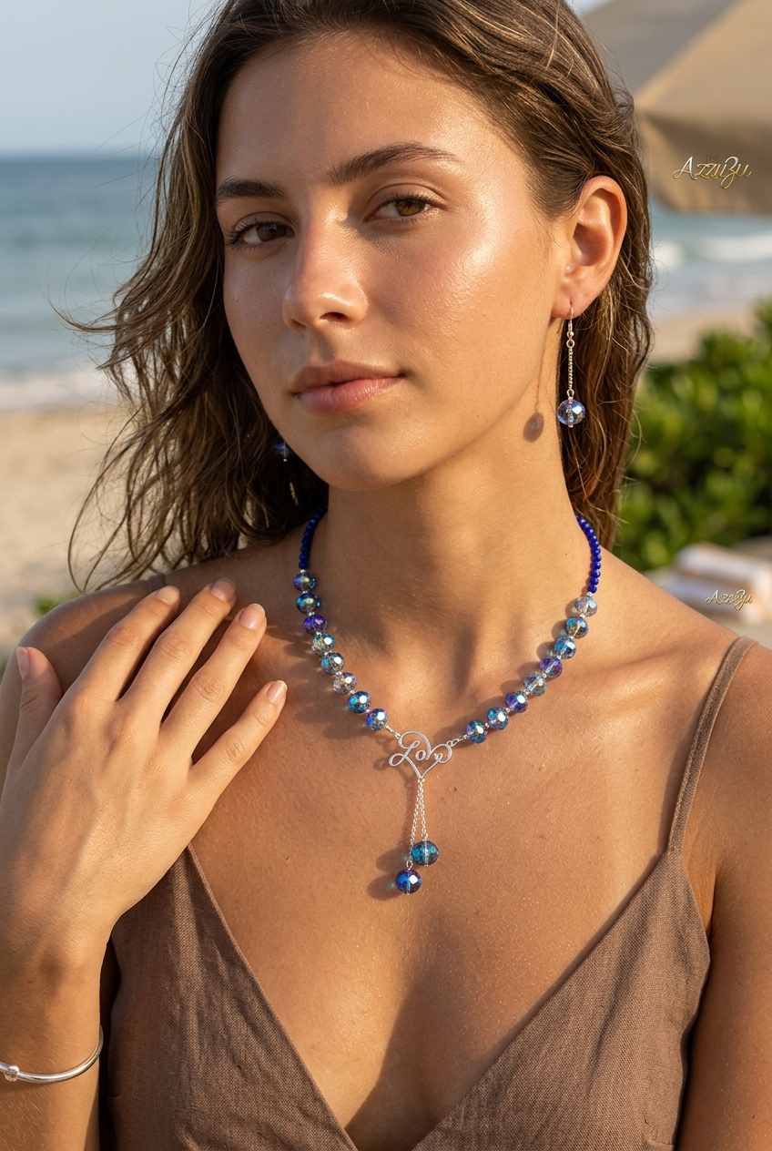 The AzzuZu 925 Sterling Silver Natural Blue Agate & Mystic Crystals “Love” Necklace Set