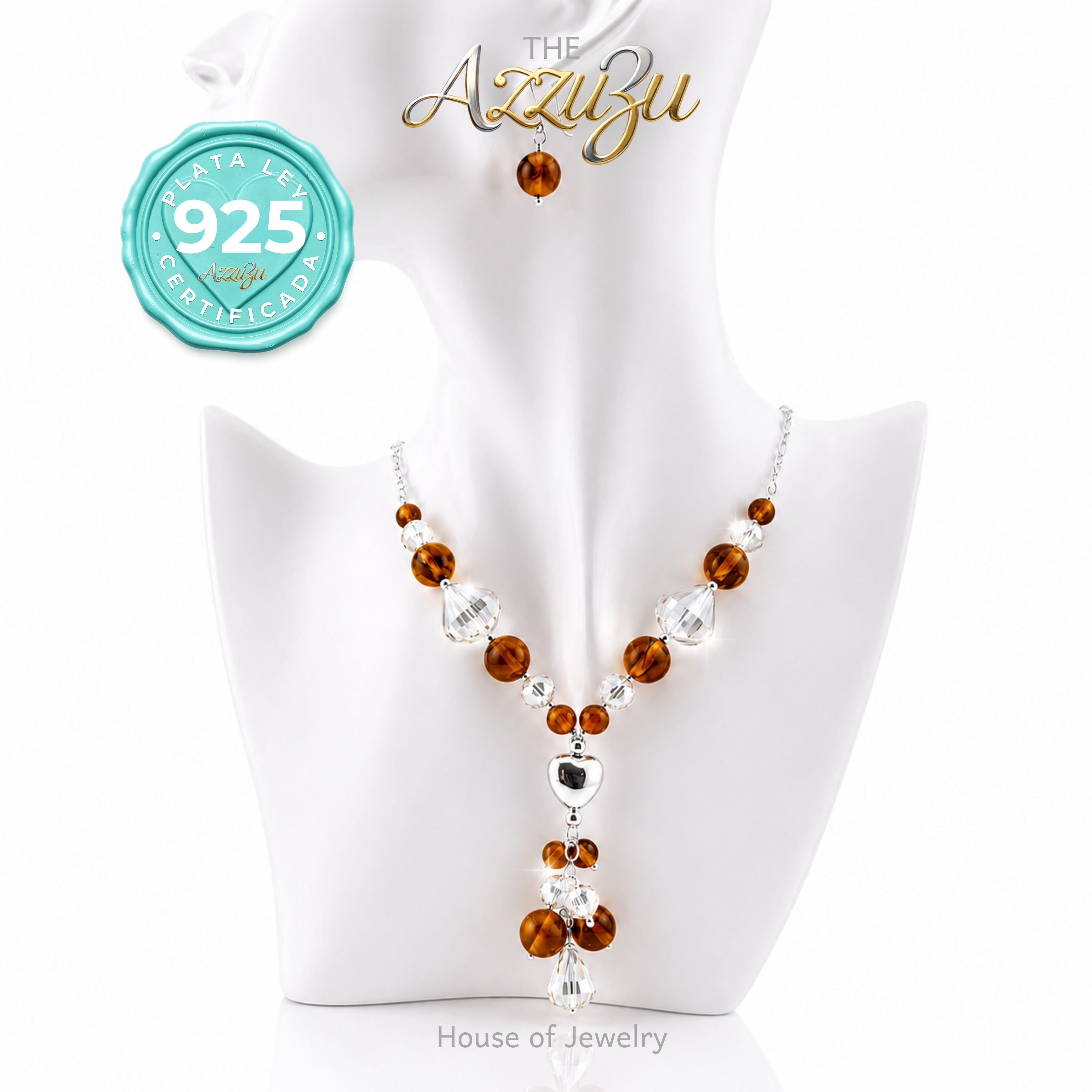 The AzzuZu 925 Sterling Silver Agate & Crystals “Puffed Heart” Necklace & Earrings Set