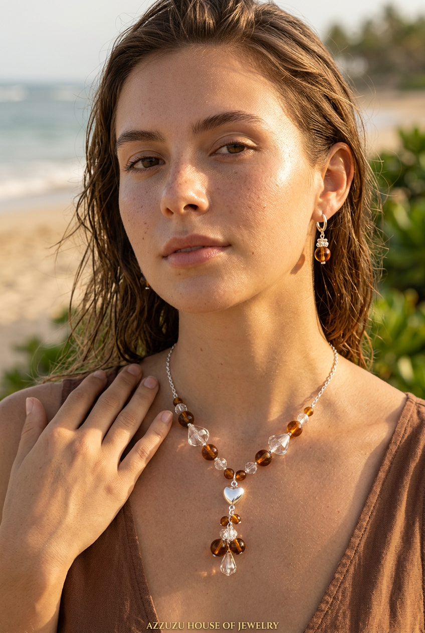 The AzzuZu 925 Sterling Silver Natural Tiger’s Eye &  Crystals "Puffed Heart" Necklace Set