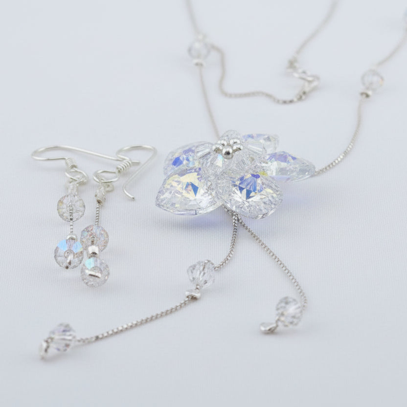 Sterling Silver Necklace & Earrings Set with White Swarovski Crystal Flower