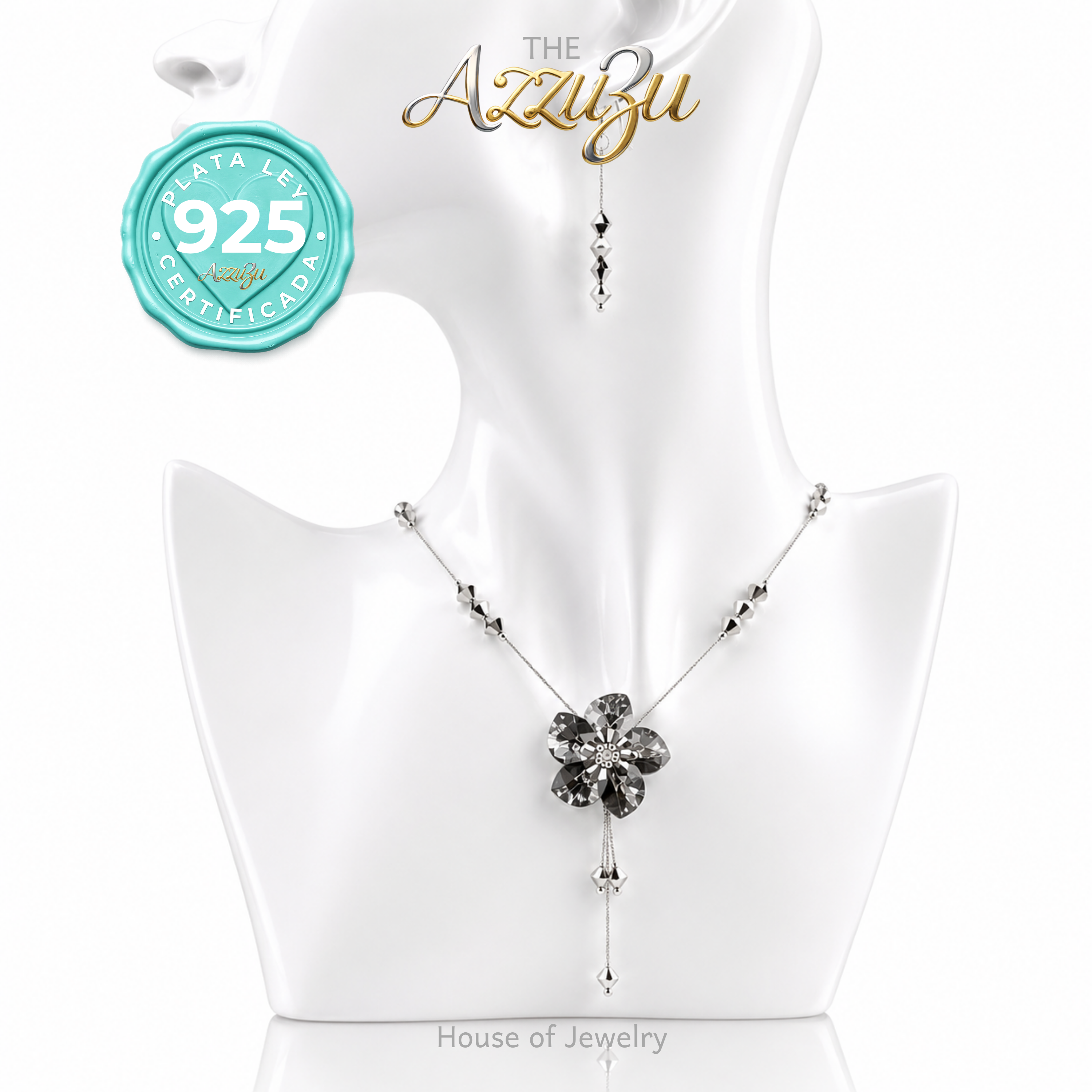The AzzuZu 925 Sterling Silver Smoke Facetted Crystal Flower Necklace & Earrings Set