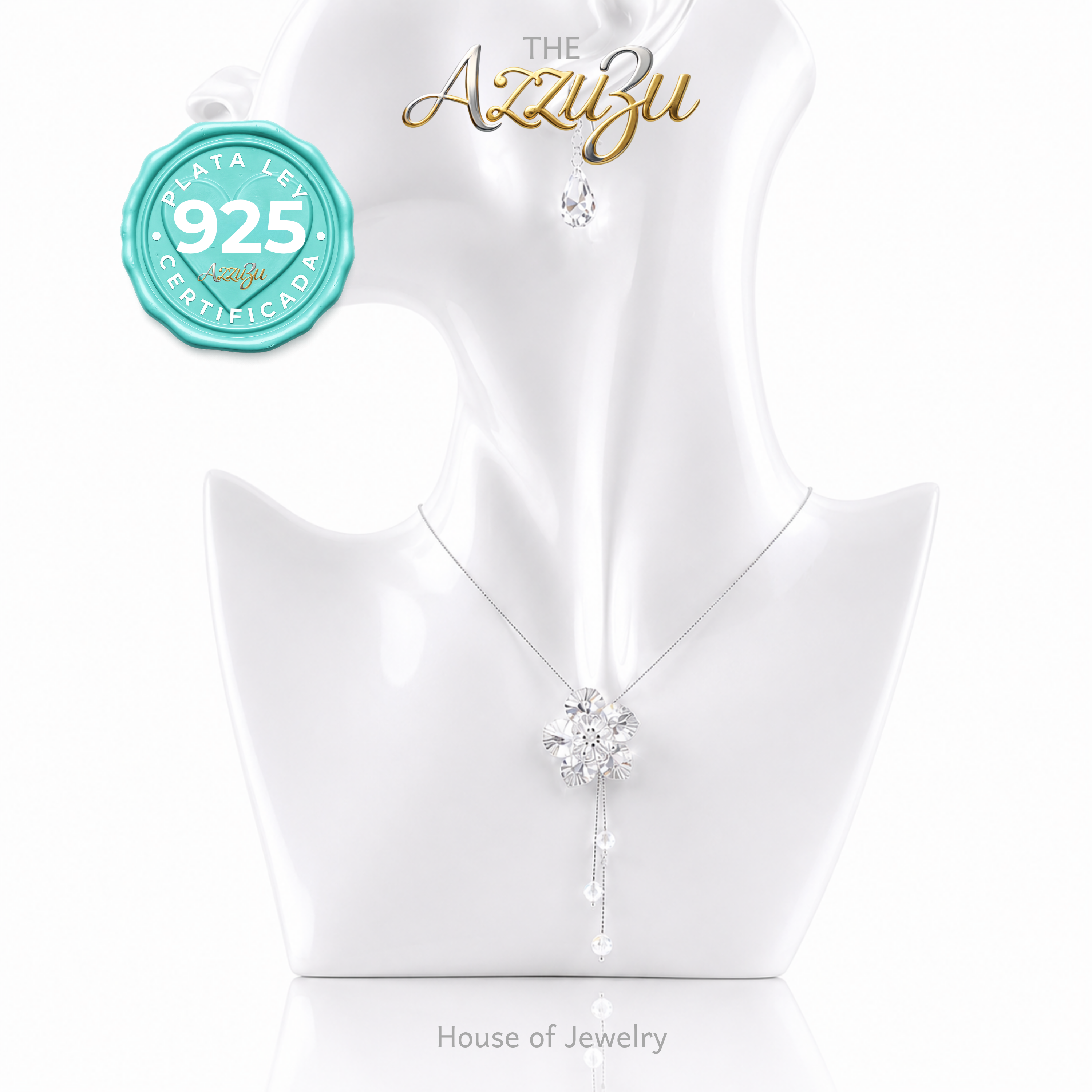 The AzzuZu 925 Sterling Silver Clear Facetted Crystal Flower Necklace & Earrings Set