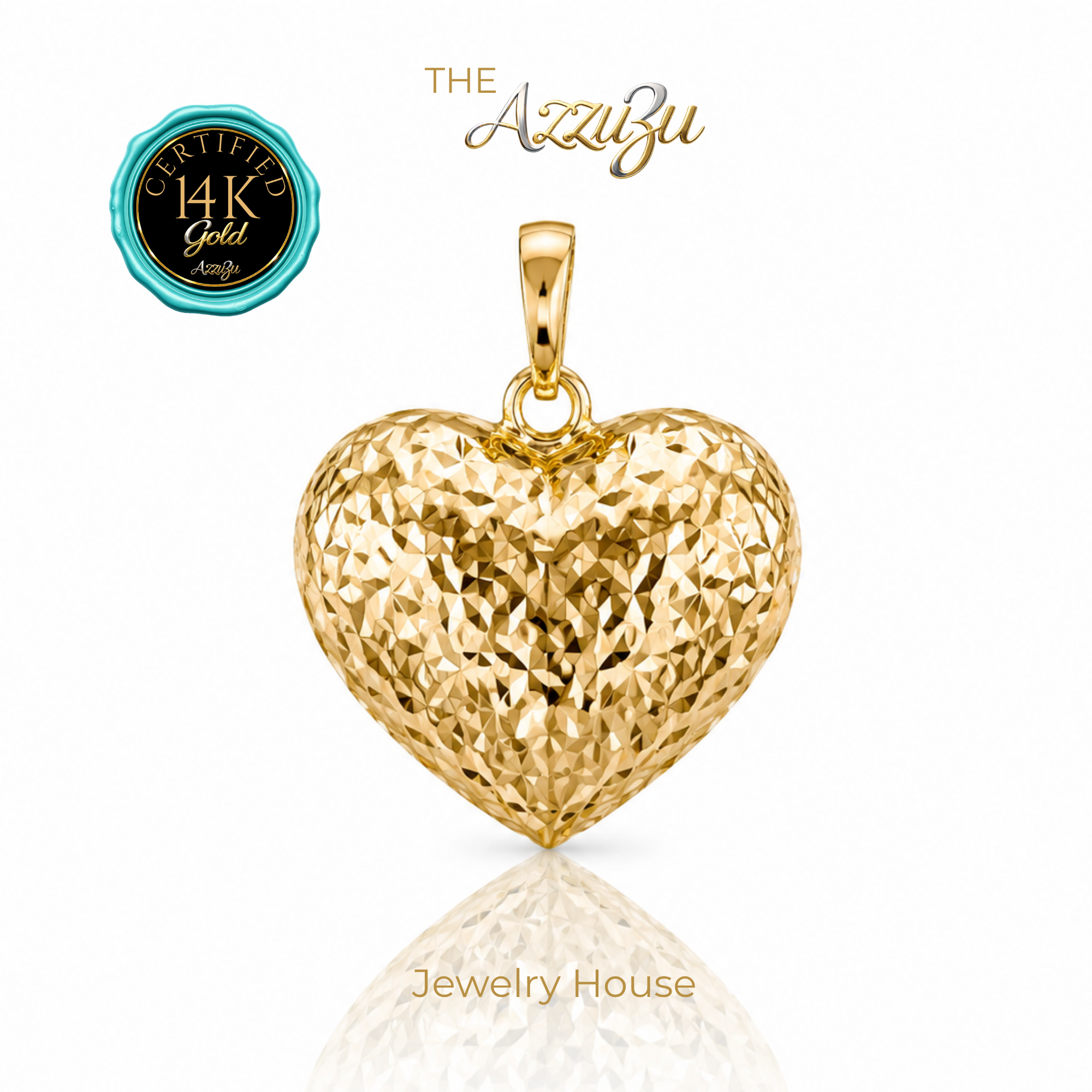 The AzzuZu 14K Yellow Gold  "Diamond Cut Puffed Heart" Pendant