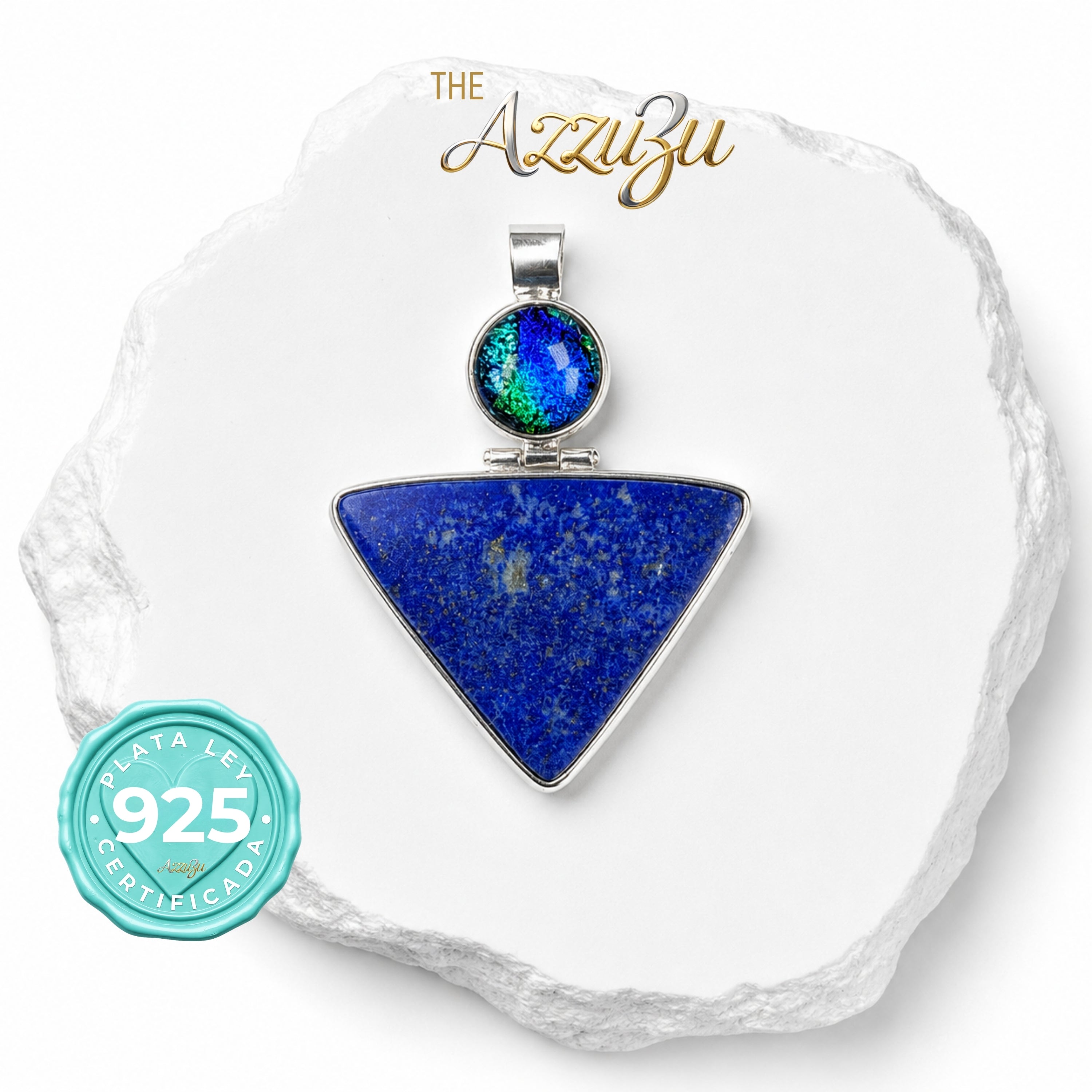 The AzzuZu 925 Sterling Silver Lapis Lazuli & Blue Dichroic Glass Statement Pendant
