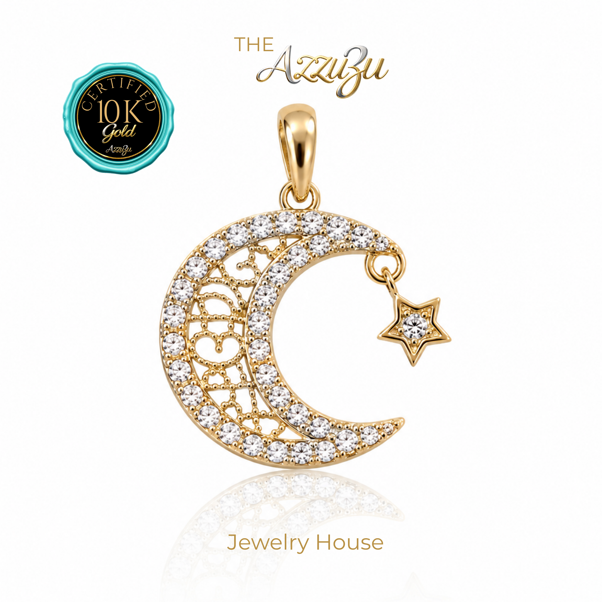 10K Moon and Star Cubic Zirconia Pendant