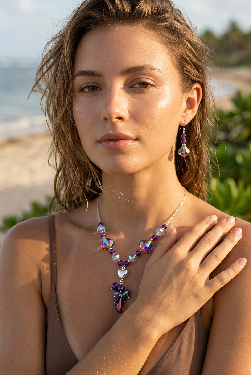 The AzzuZu Sterling Silver Natural Amethyst & Mystic Crystals "Puffed Heart" Necklace Set