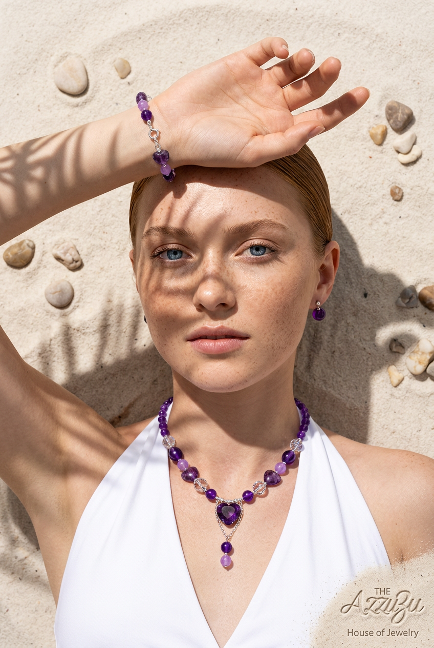 The AzzuZu 925 Sterling Silver Natural Amethyst, Agates & Crystals "Heart"  Necklace Set