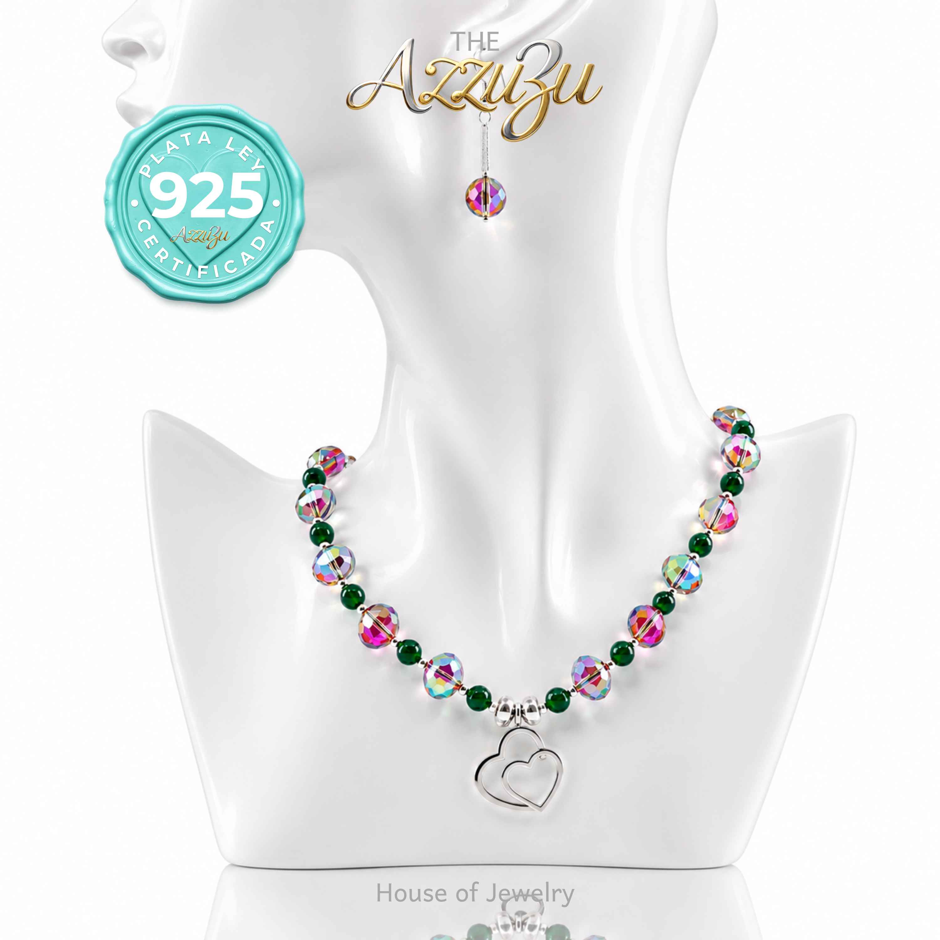 The AzzuZu 925 Sterling Silver Natural Green Agate & Mystic Crystals “Hearts"  Necklace Set