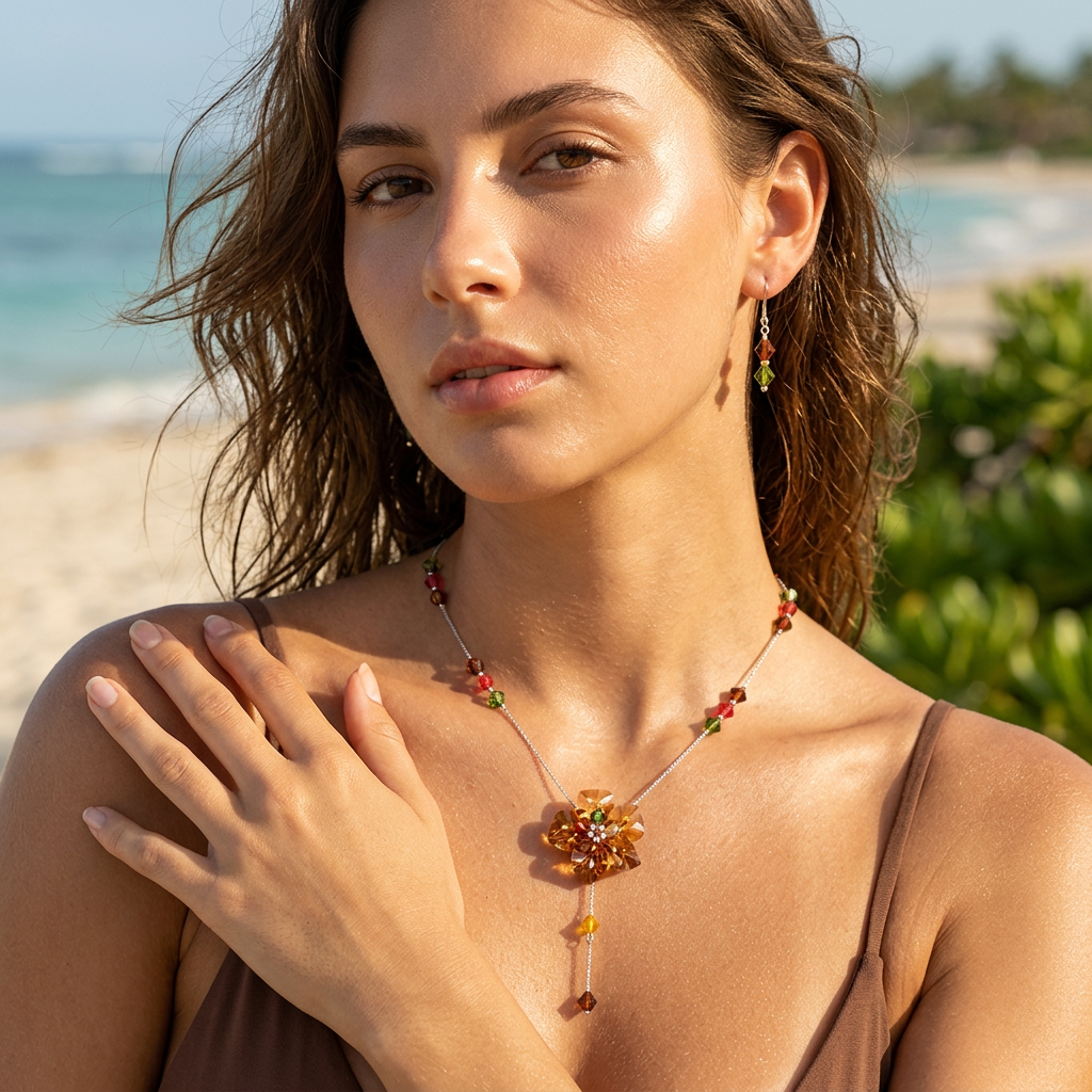The AzzuZu 925 Sterling Silver Orange Facetted Crystal Flower Necklace & Earrings Set