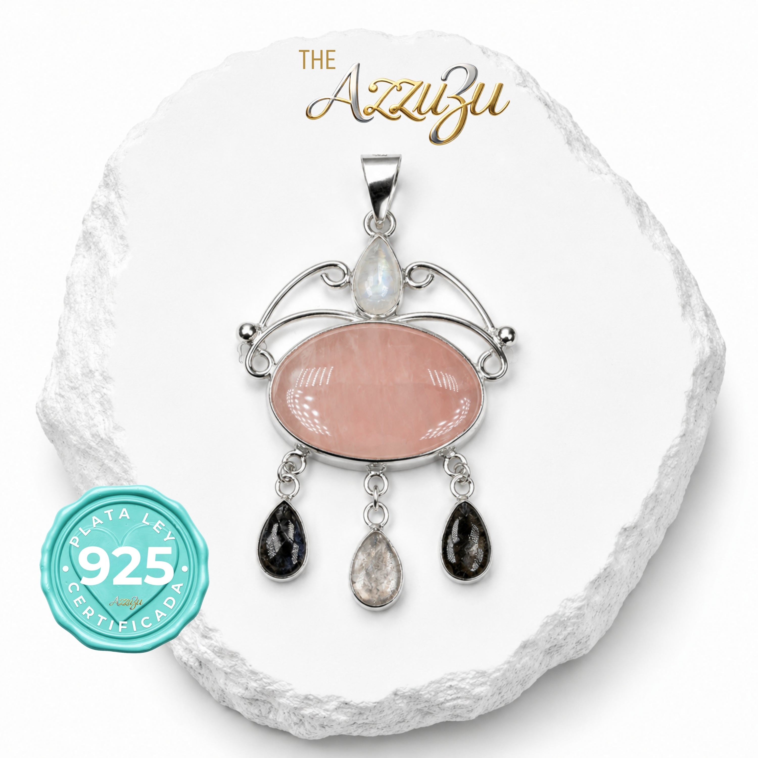 The AzzuZu 925 Sterling Silver Rose Quartz, Moonstone, Kyanite & Morganite Pendant
