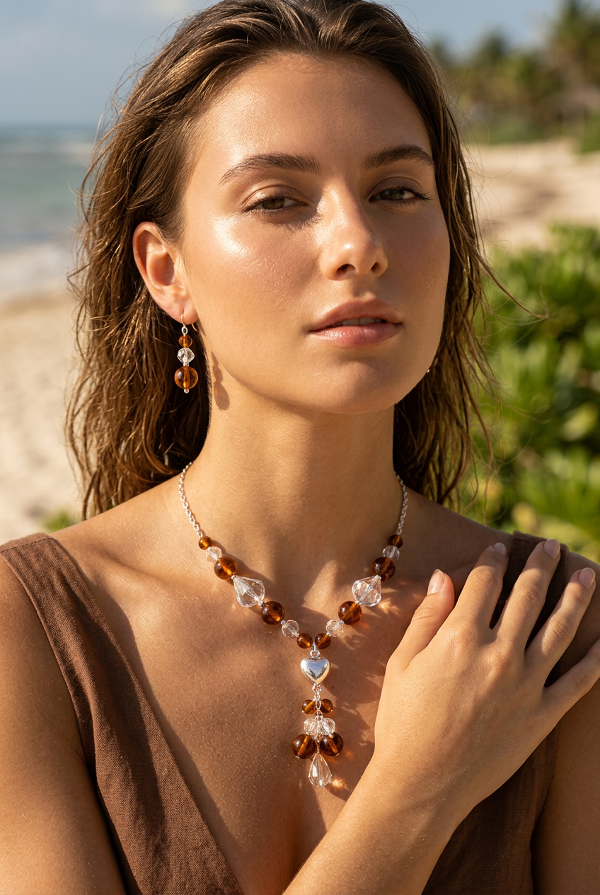The AzzuZu 925 Sterling Silver Agate & Crystals “Puffed Heart” Necklace & Earrings Set