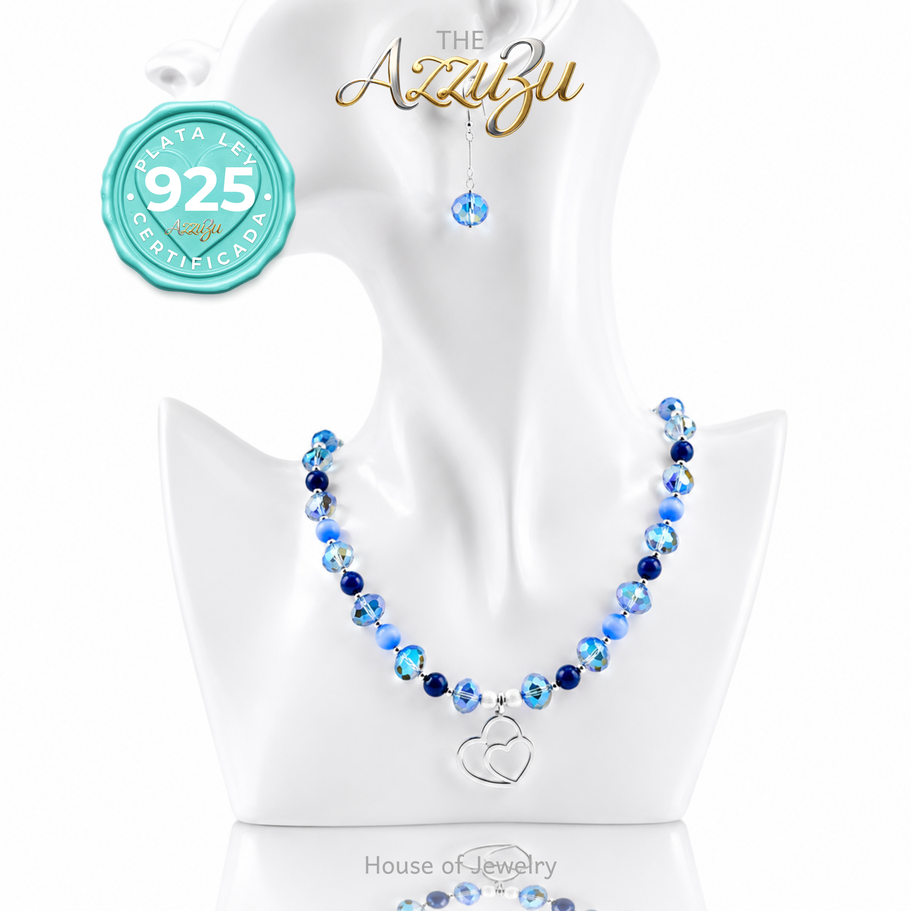 The AzzuZu 925 Sterling Silver Natural Agate,Cat Eye & Crystals "Hearts" Necklace Set