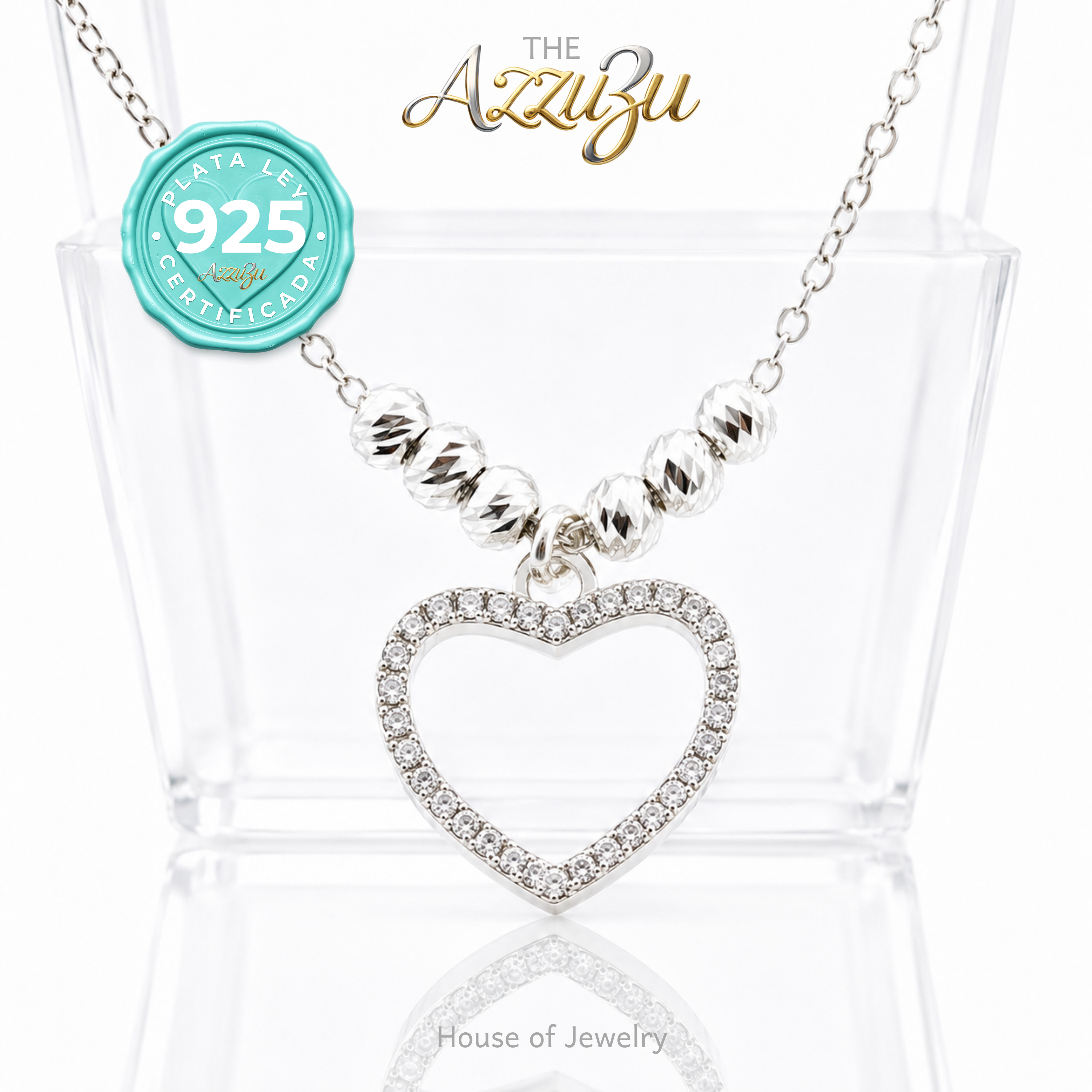 The AzzuZu 925 Sterling Silver “Micro-Zirconia Heart & Diamond-Cut Beads”Necklace