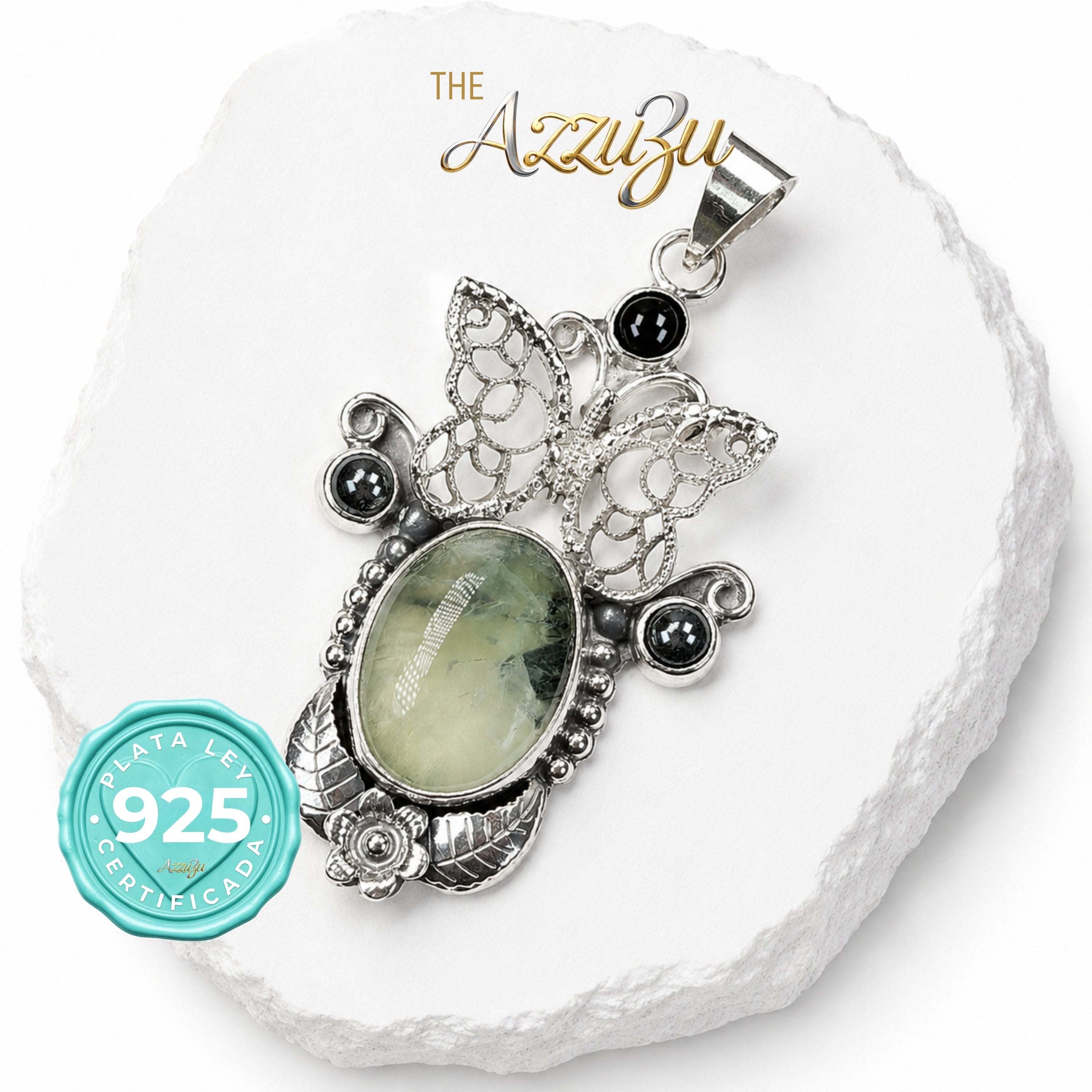 The AzzuZu 925 Sterling Silver Prehnite, Onyx & Acerina Butterfly Pendant