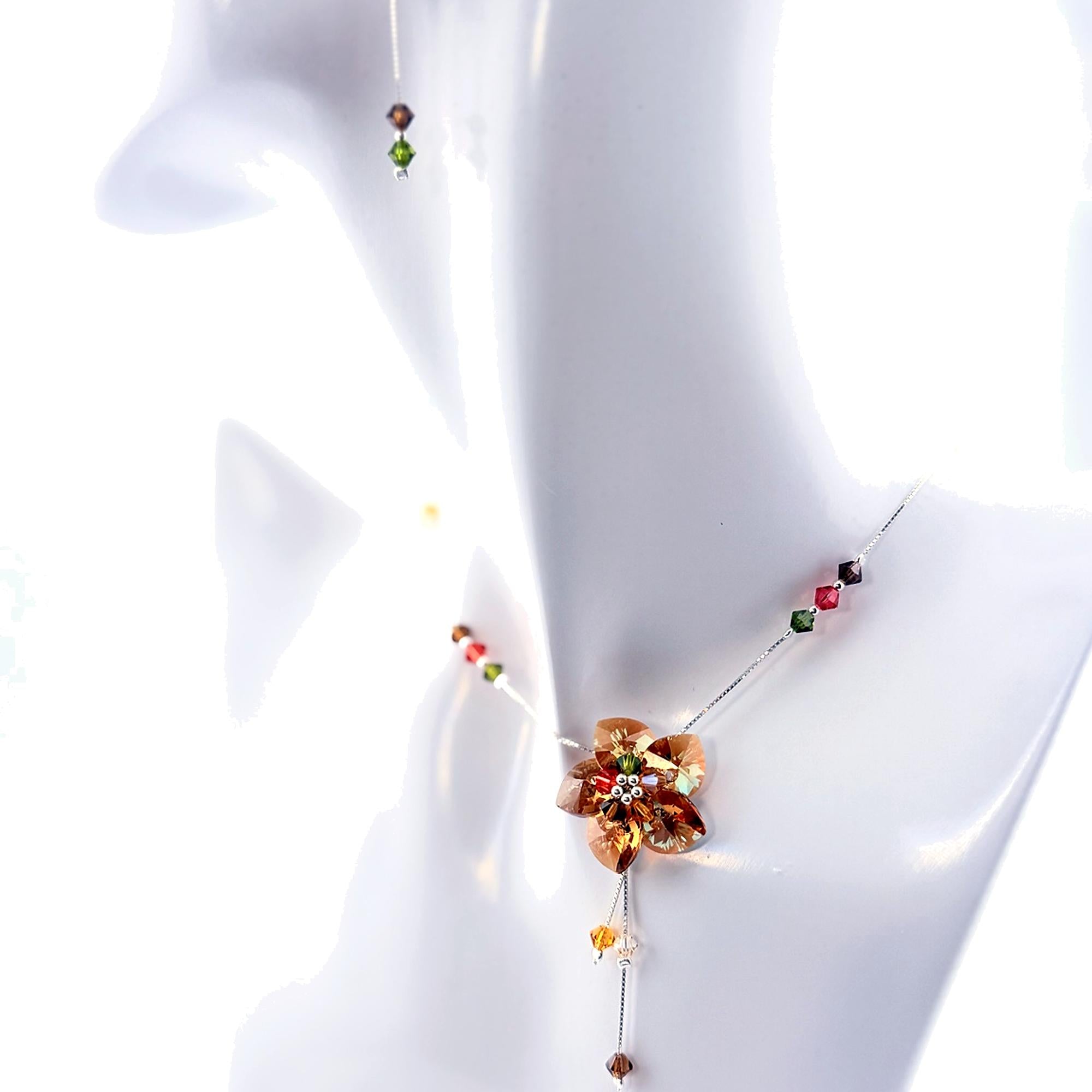 Sterling Silver Necklace & Earrings Set with Orange Swarovski Crystal Flower