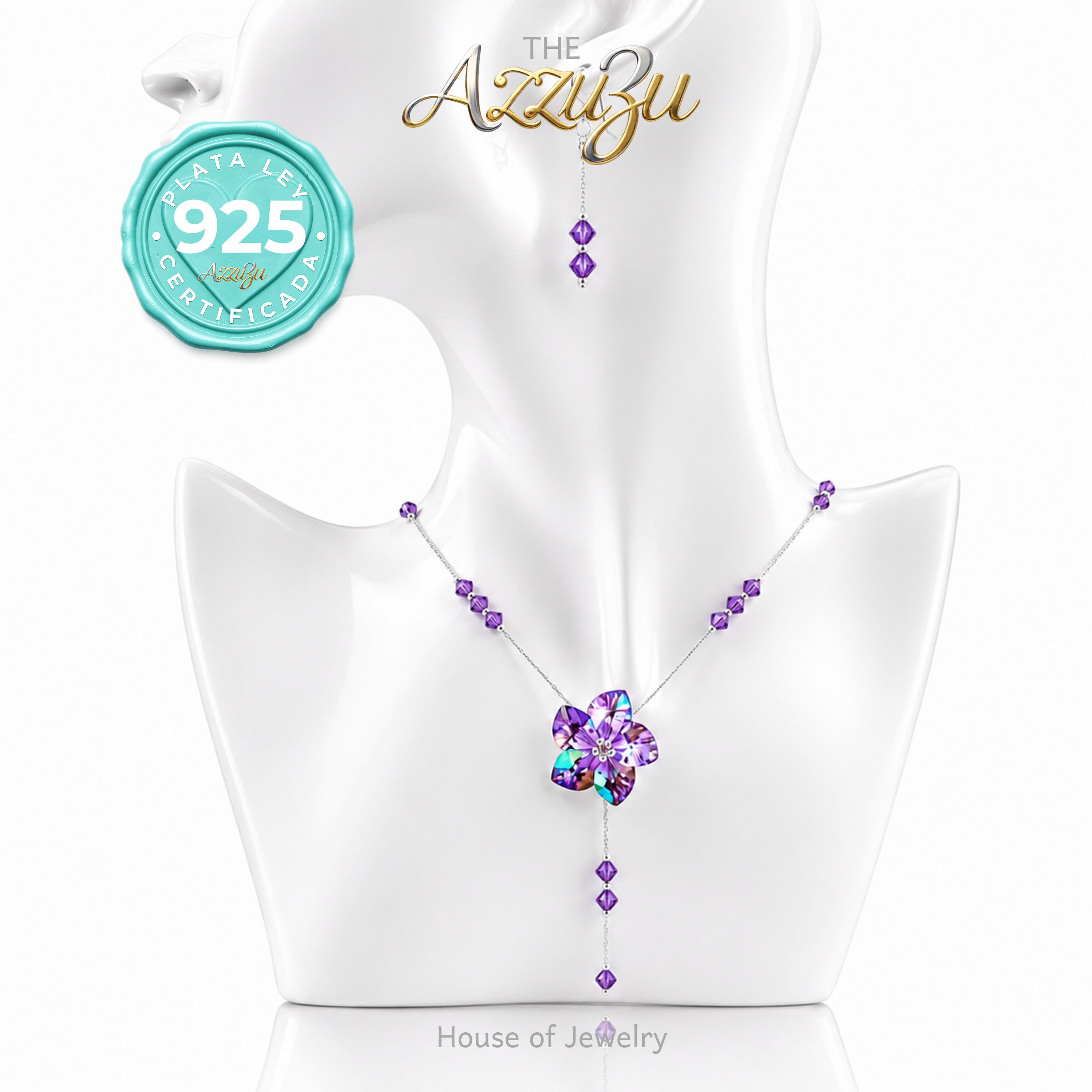 The AzzuZu 925 Sterling Silver Purple Facetted & Mystic Crystal Flower Necklace & Earrings Set