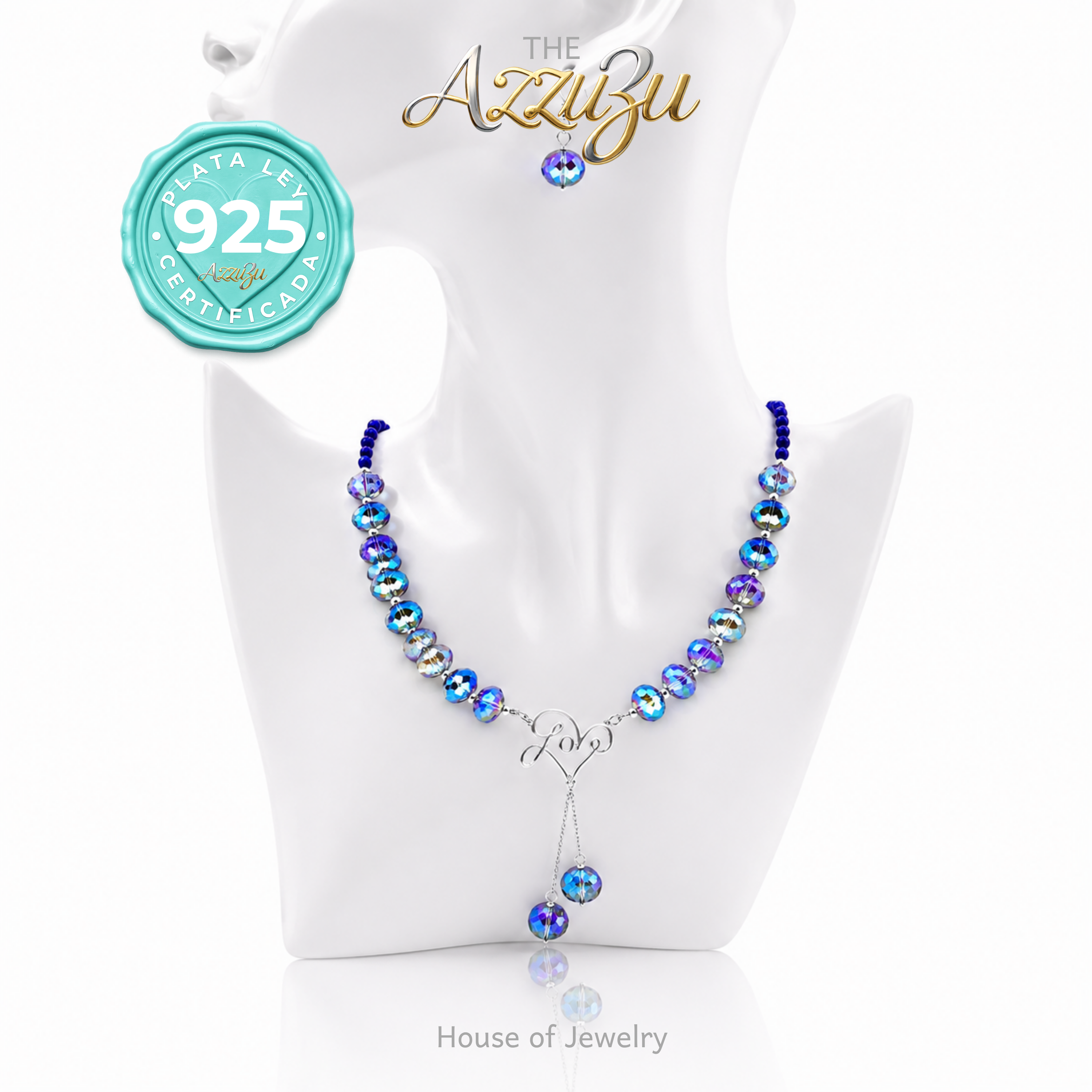 The AzzuZu 925 Sterling Silver Natural Blue Agate & Mystic Crystals “Love” Necklace Set