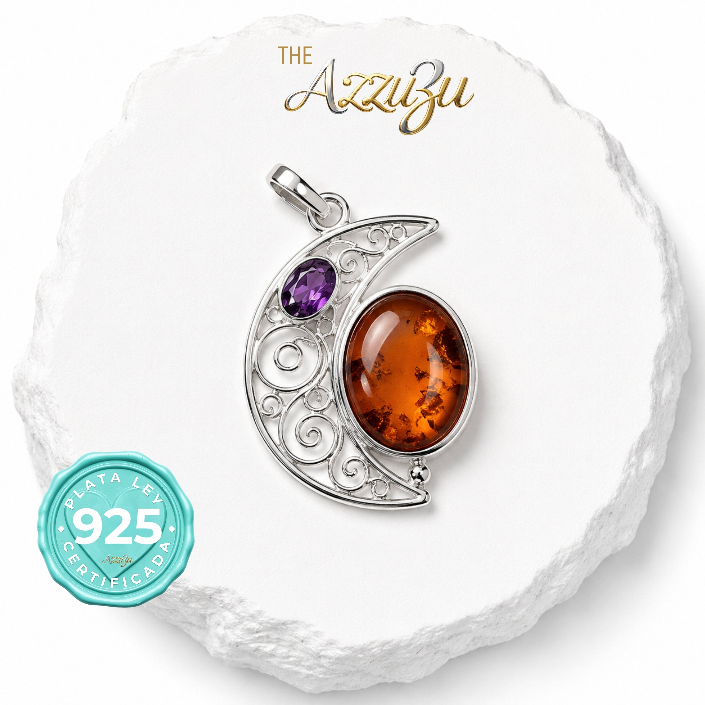 The AzzuZu 925 Sterling Silver Amethyst & Amber Crescent Moon Pendant