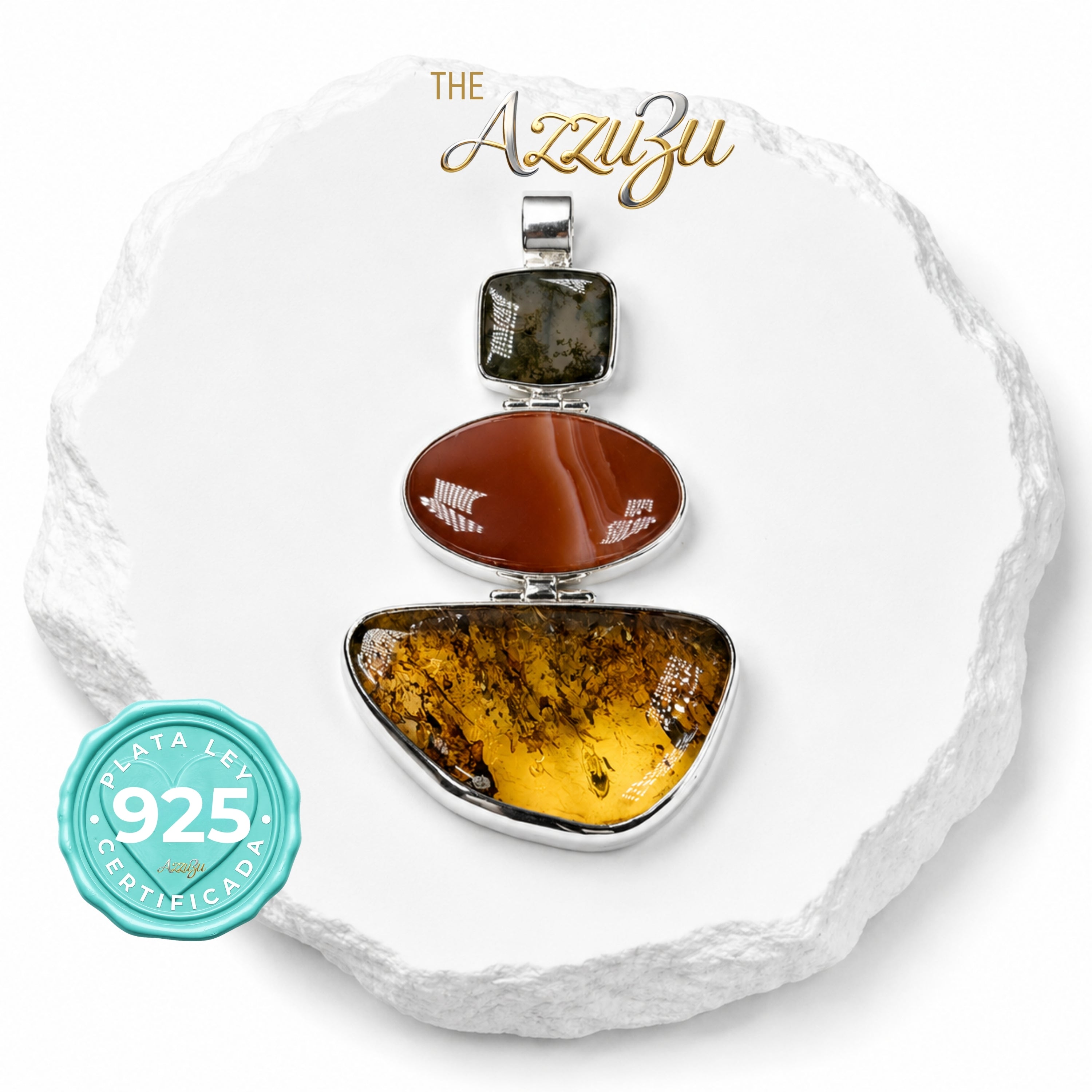 The AzzuZu 925 Sterling Silver Moss Agate, Carnelian & Amber Pendant