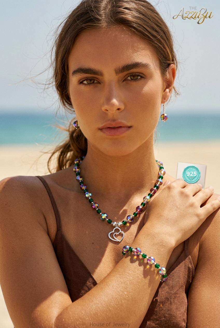 The AzzuZu 925 Sterling Silver Natural Green Agate & Mystic Crystals “Hearts"  Necklace Set