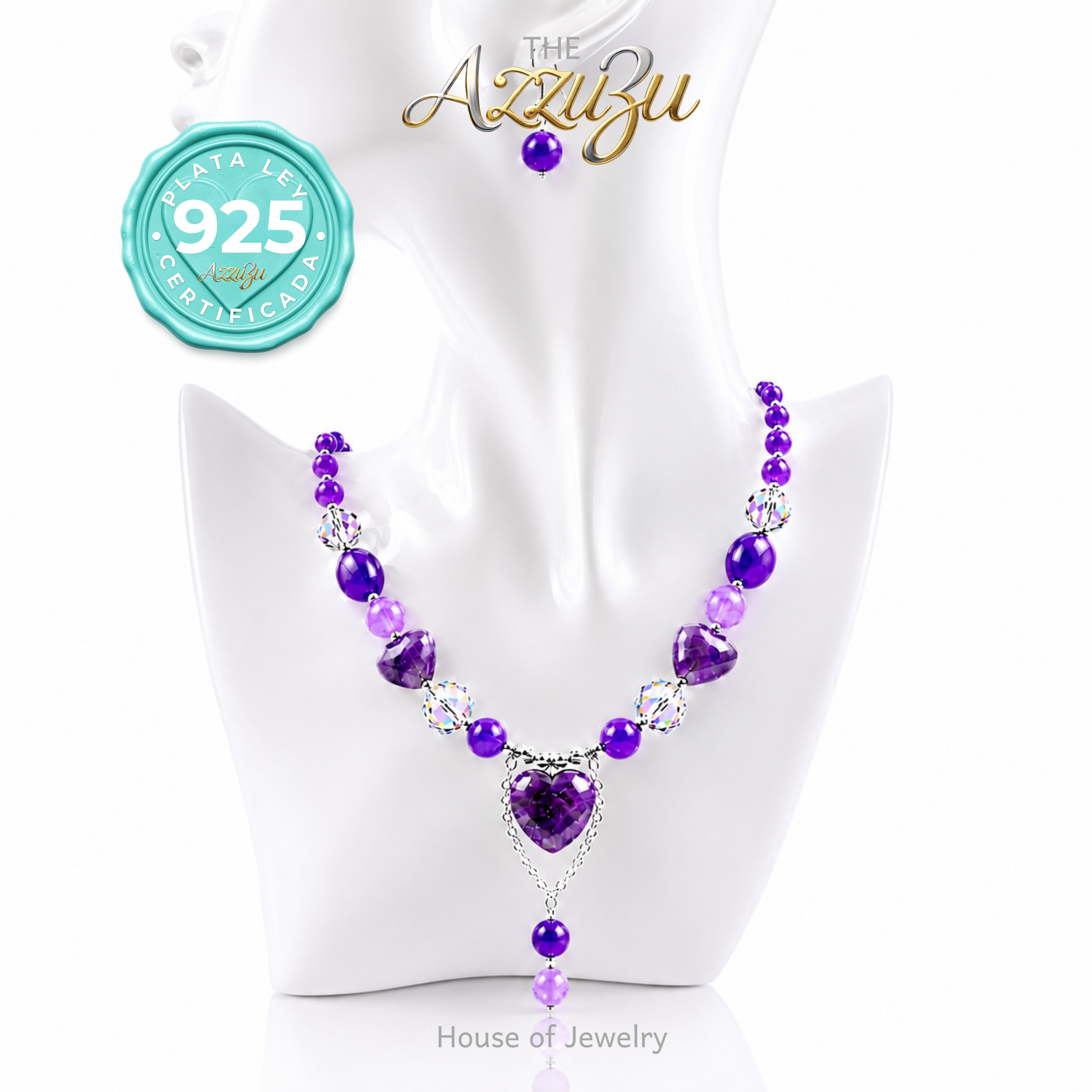 The AzzuZu 925 Sterling Silver Natural Amethyst, Agates & Crystals "Heart"  Necklace Set