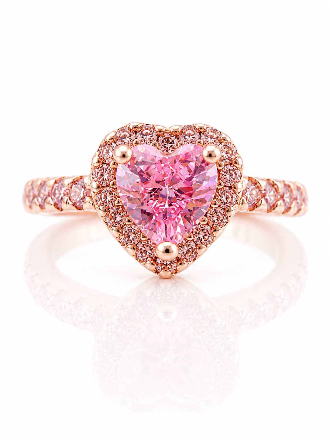 925 Sterling Silver Sparkling Elevated Pink Heart Ring – Rose Gold Finish