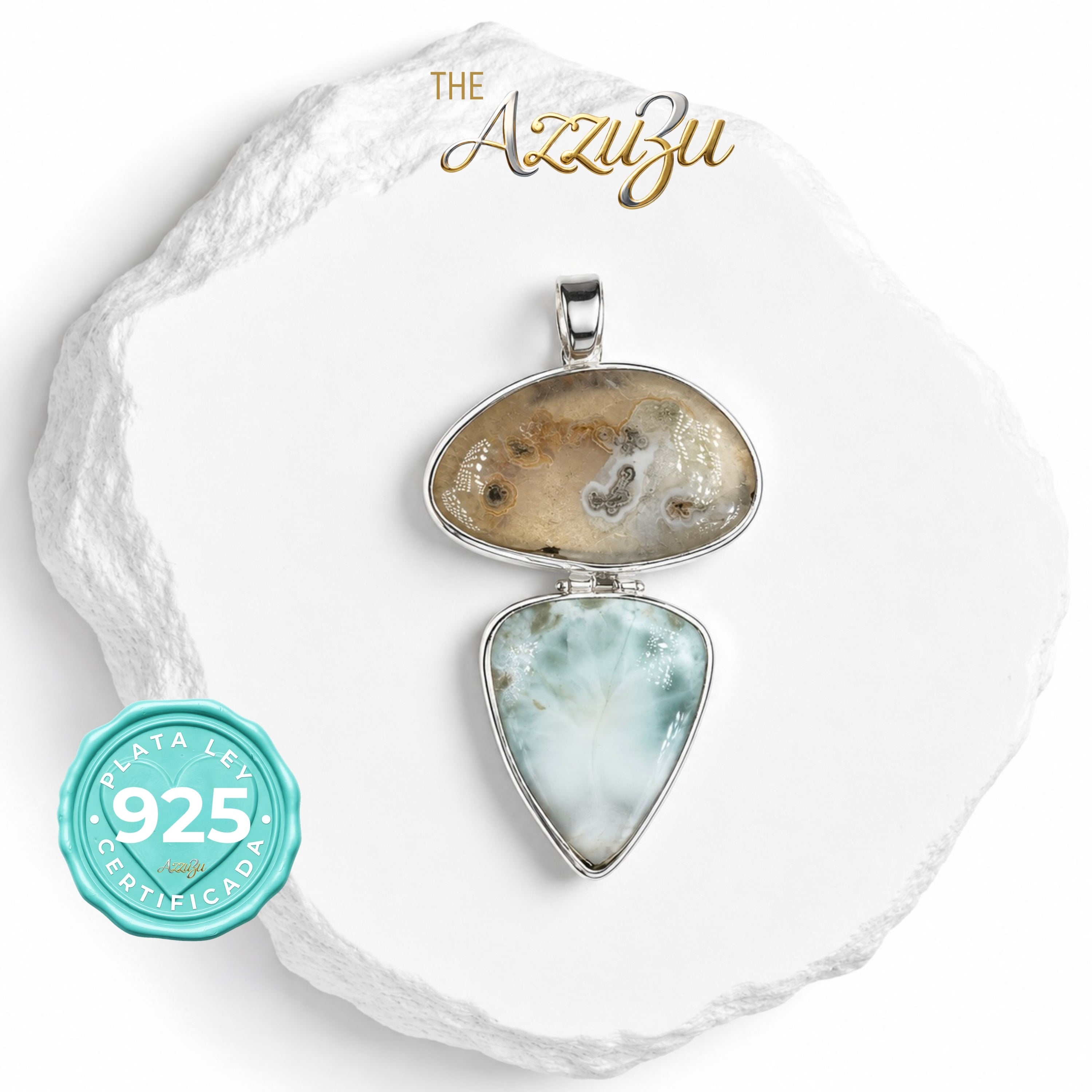 The AzzuZu 925 Sterling Silver Solar Quartz & Larimar Pendant