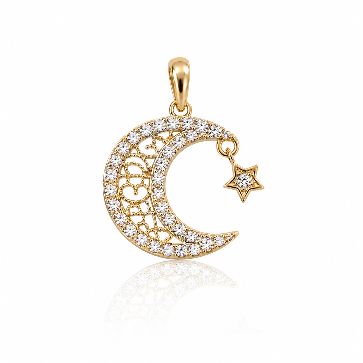 10K Moon and Star Cubic Zirconia Pendant