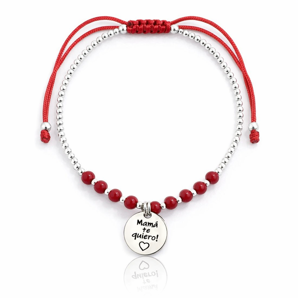 925 Sterling Silver “Mama Te Quiero” Red & Silver Beaded Cord Bracelet