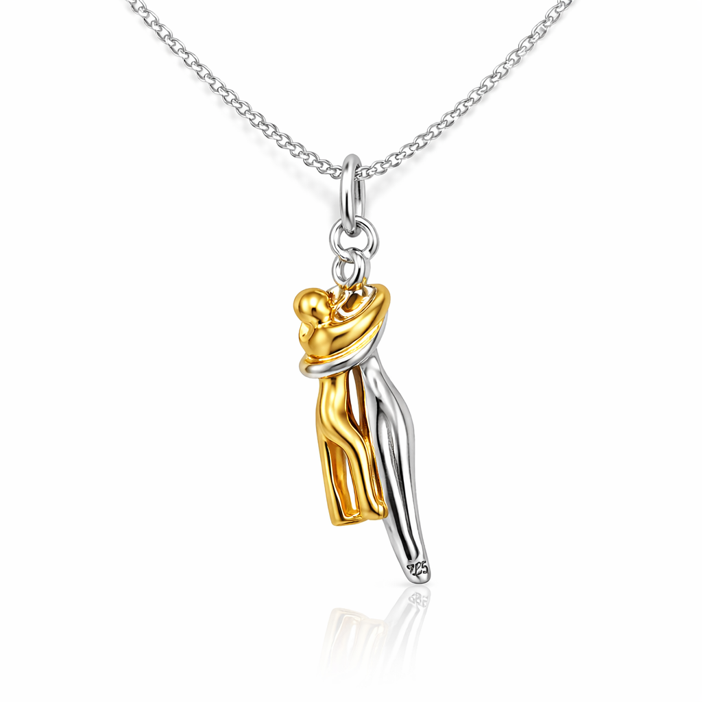 925 Sterling Silver "Mother & Child Embrace" Pendant Necklace