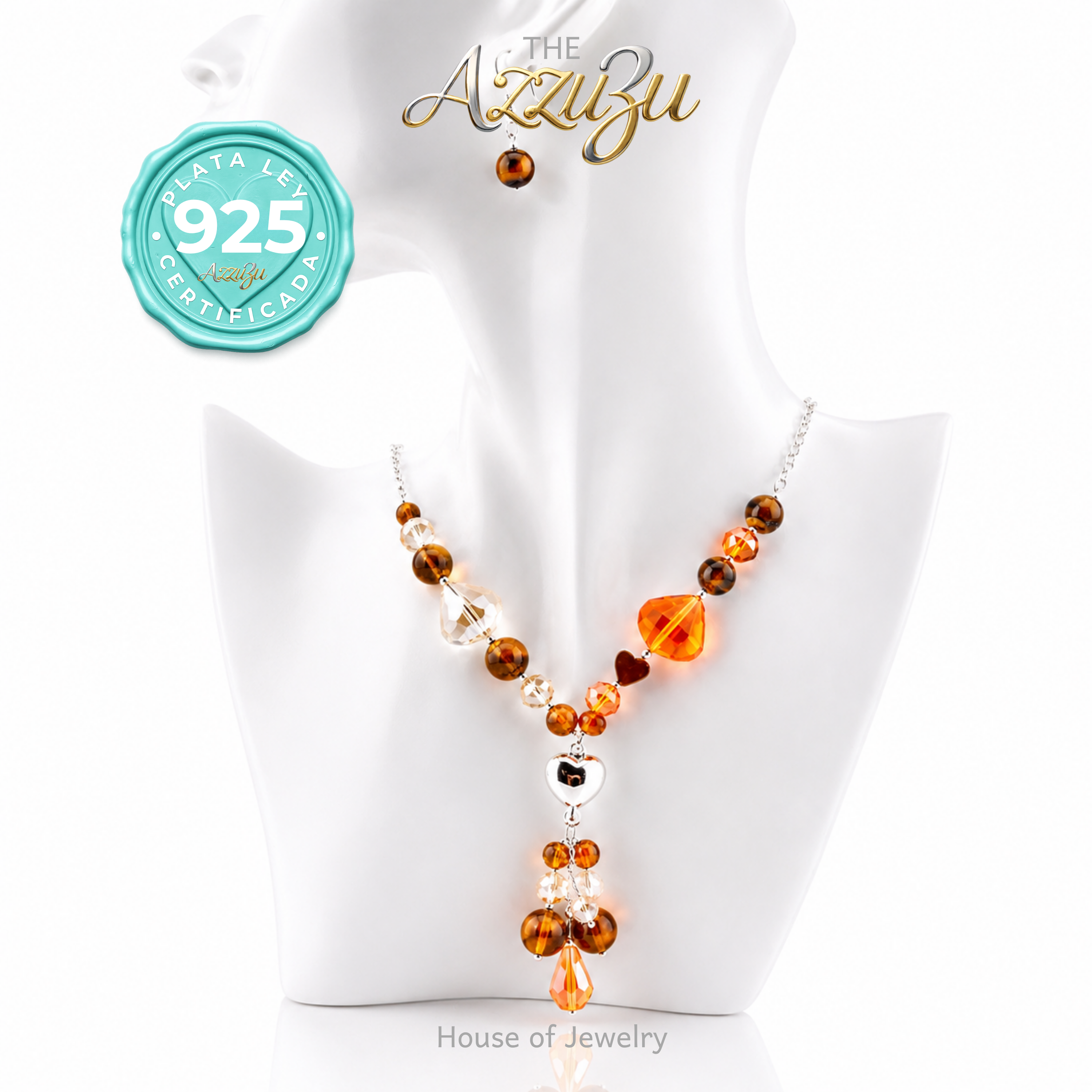 The AzzuZu 925 Sterling Silver Natural Tiger’s Eye &  Crystals "Puffed Heart" Necklace Set