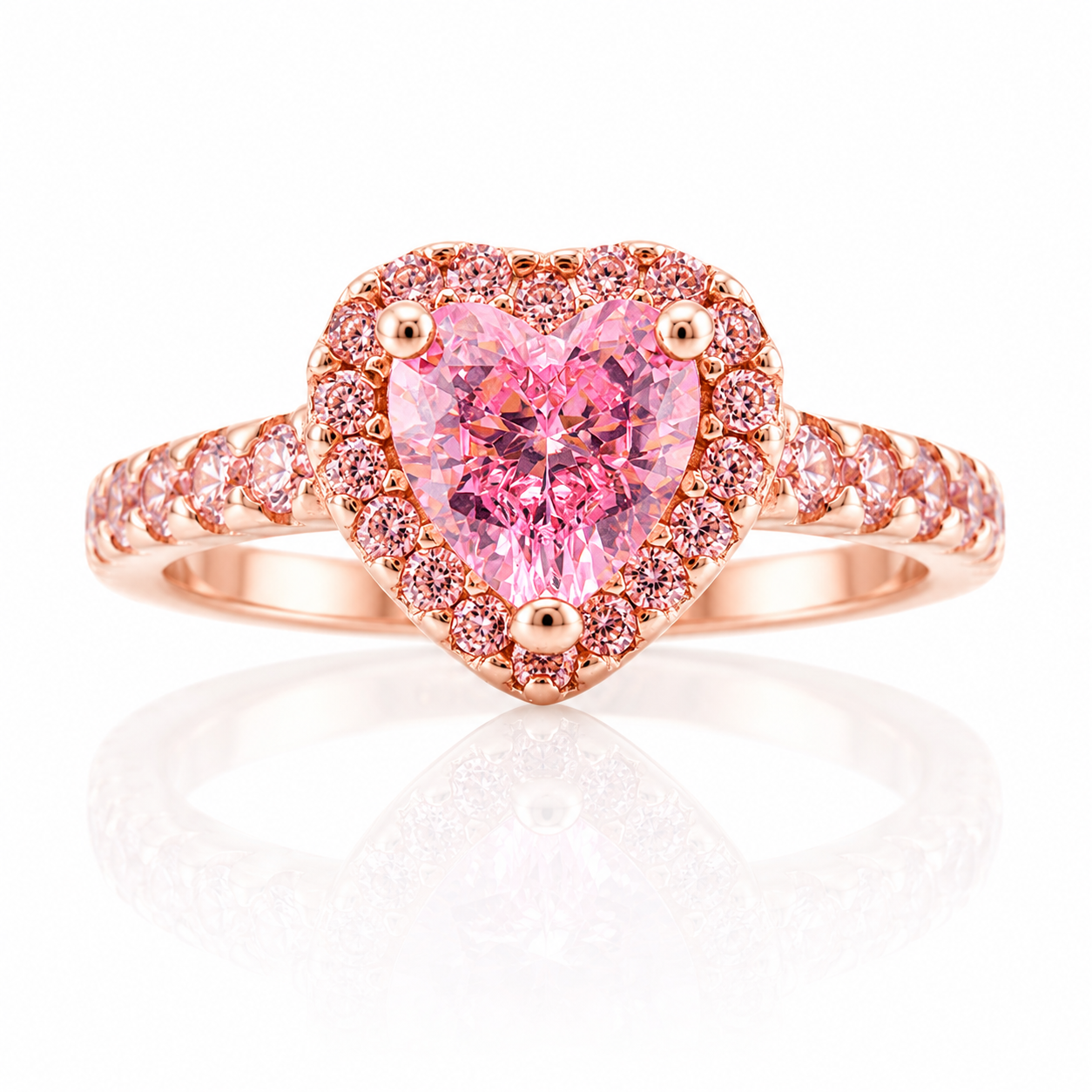 925 Sterling Silver Sparkling Elevated Pink Heart Ring – Rose Gold Finish