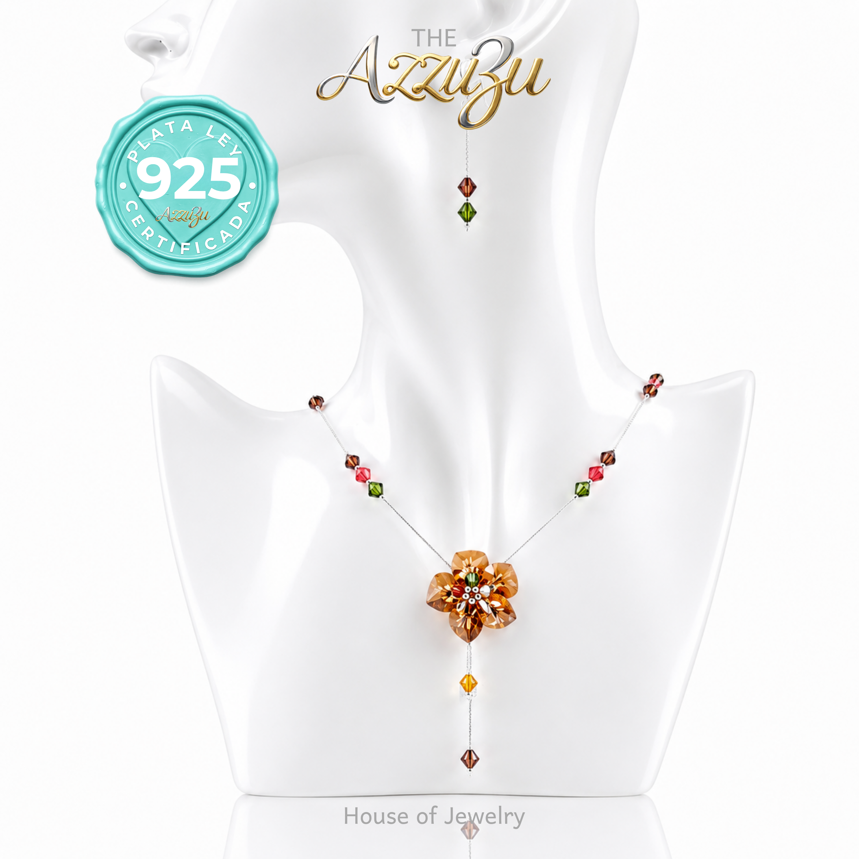 The AzzuZu 925 Sterling Silver Orange Facetted Crystal Flower Necklace & Earrings Set