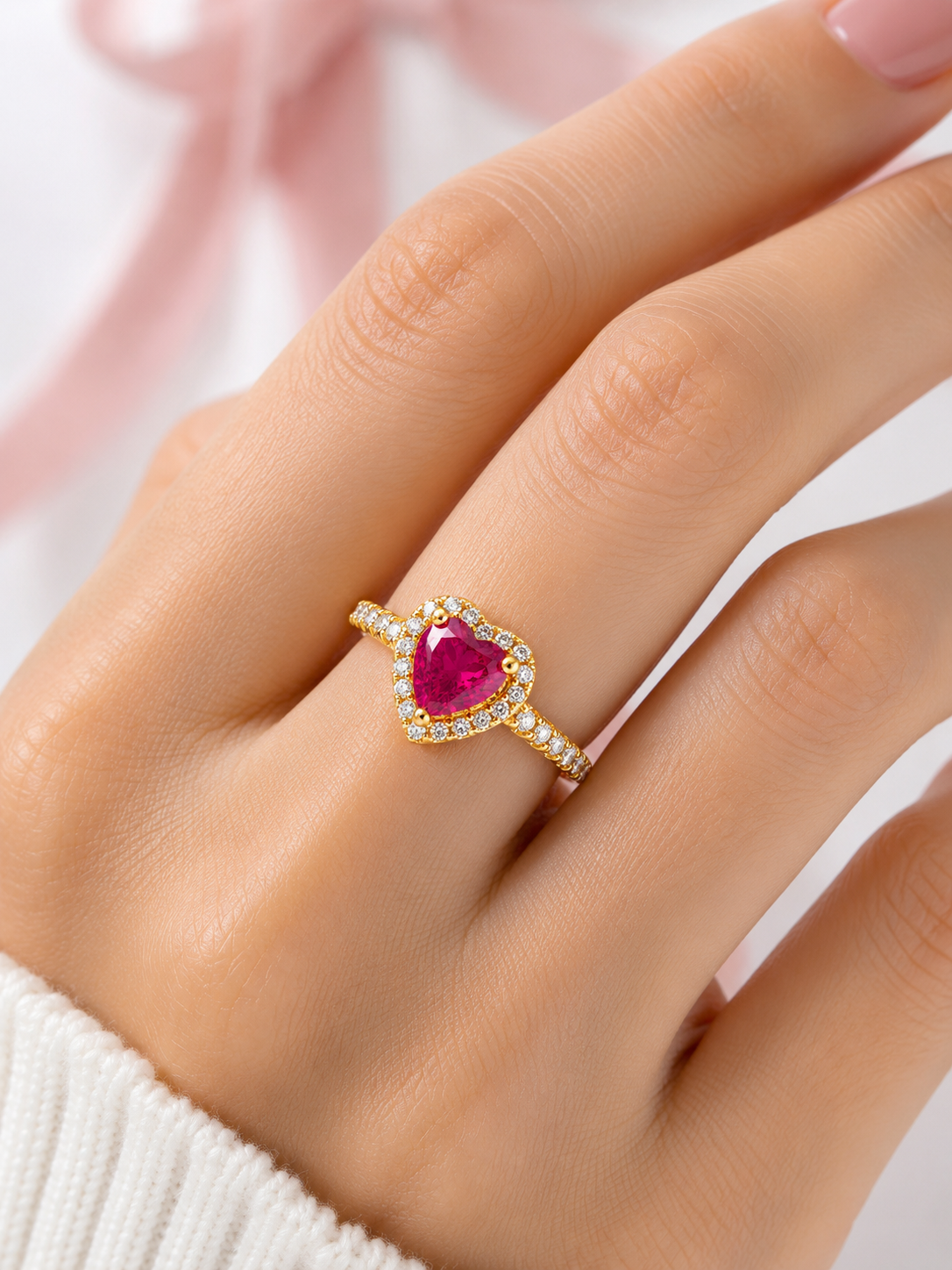 925 Sterling Silver 
Elevated Pink Heart Ring – 14k Gold-Plated