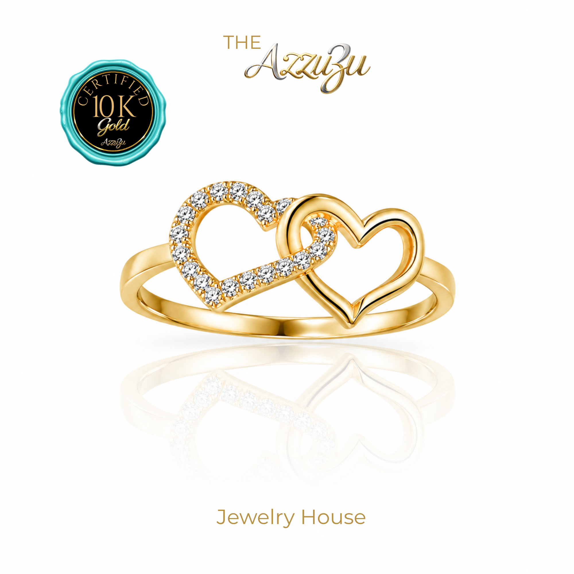 The AzzuZu 10K Yellow Gold "Interlocking Hearts" Pavé Ring