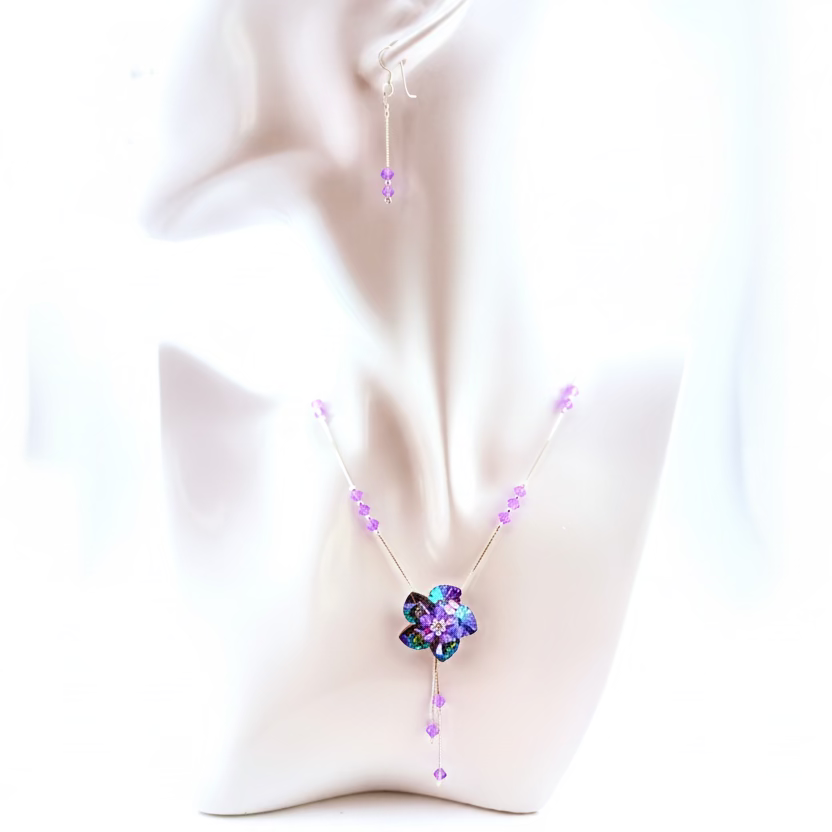 Sterling Silver Necklace & Earrings Set with Purple Swarovski Crystal Flower