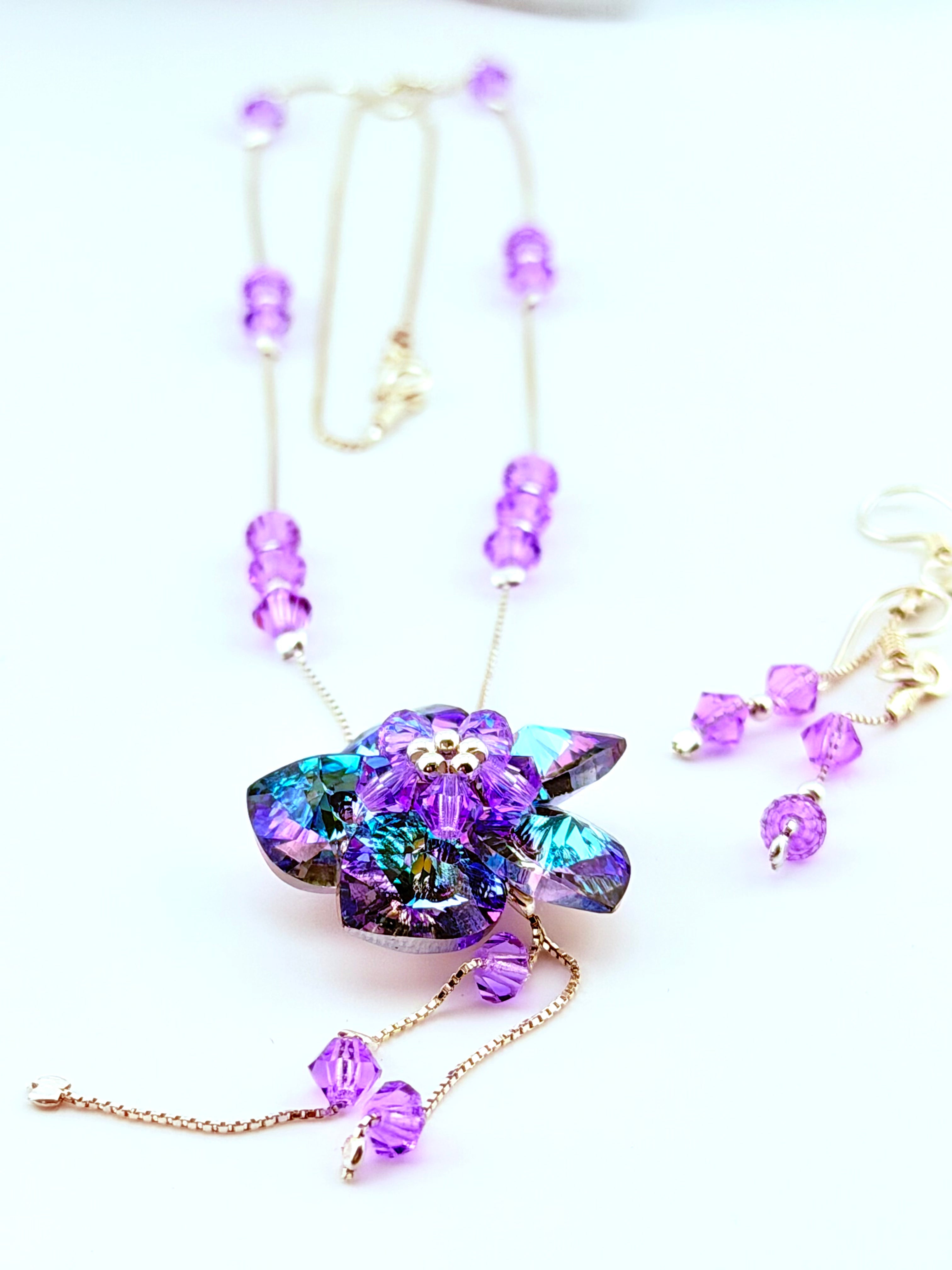 Sterling Silver Necklace & Earrings Set with Purple Swarovski Crystal Flower