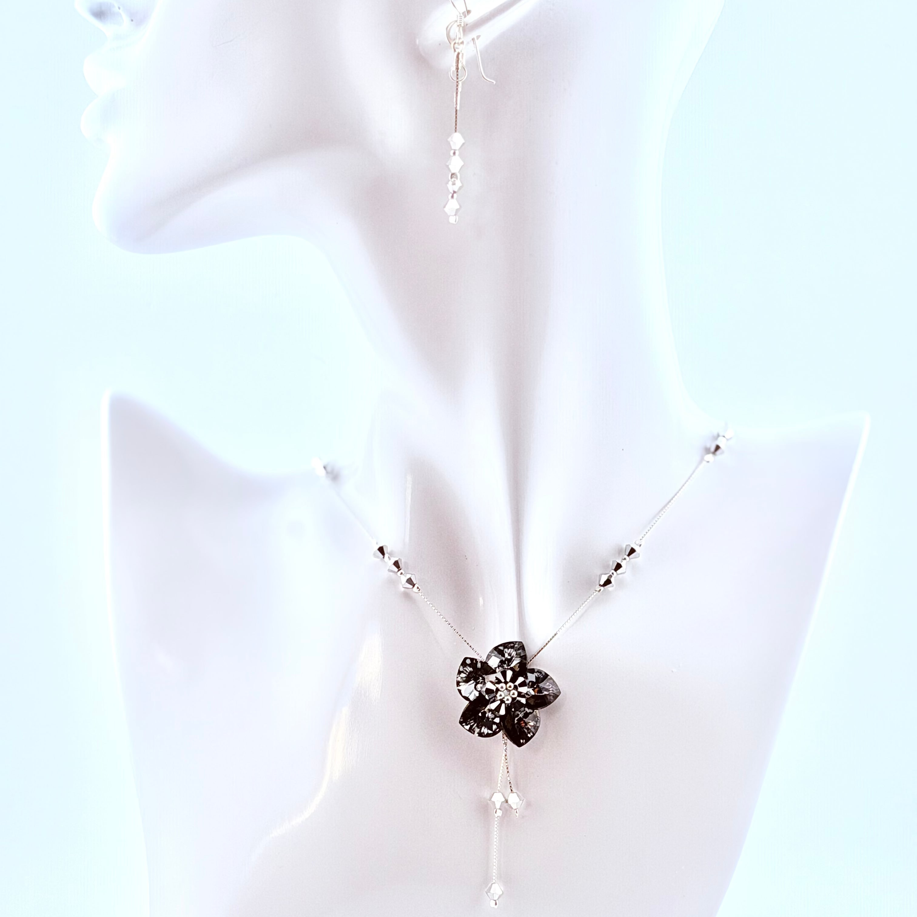 Sterling Silver Necklace & Earrings Set with Black Swarovski Crystal Flower