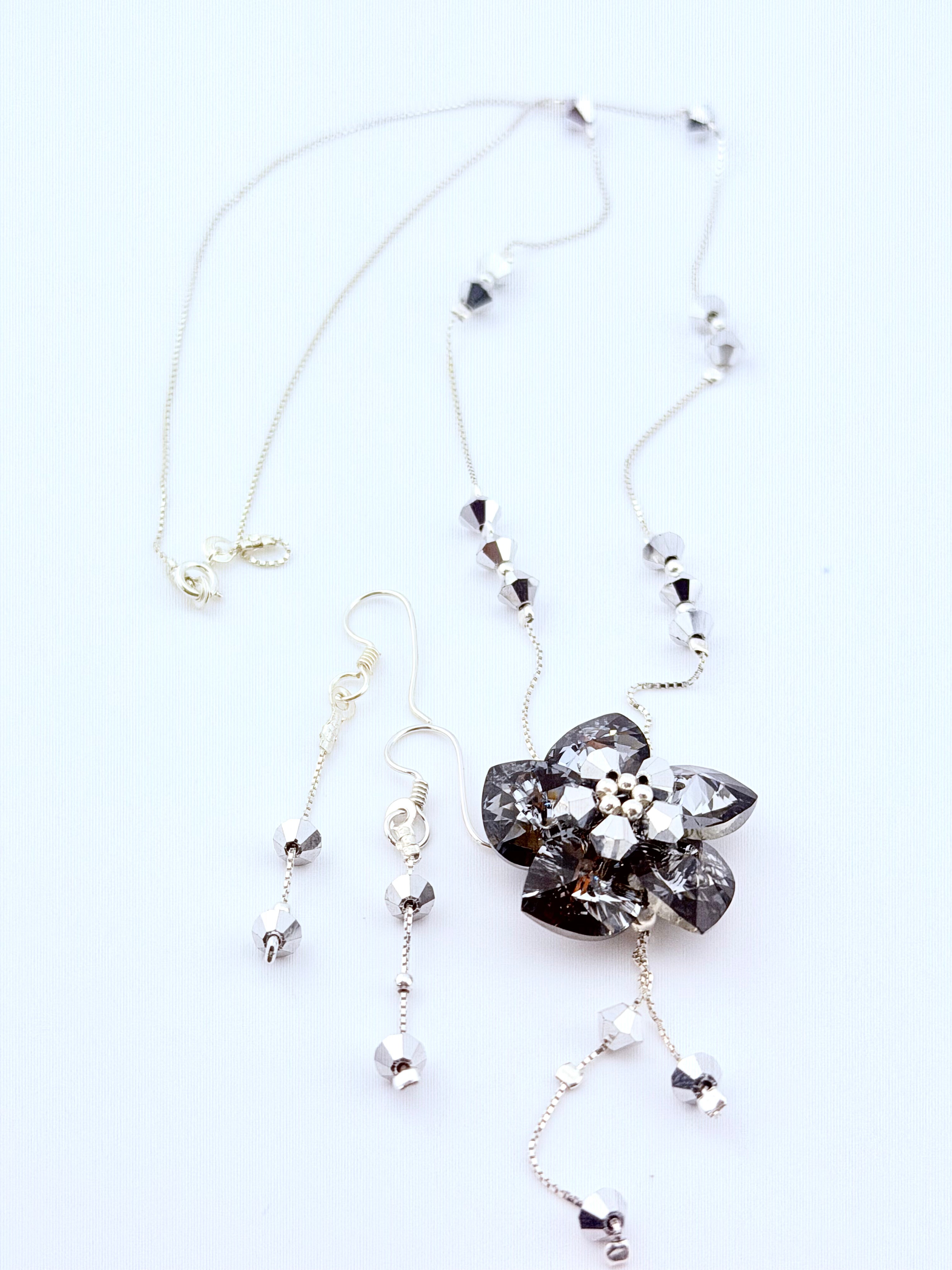 Sterling Silver Necklace & Earrings Set with Black Swarovski Crystal Flower