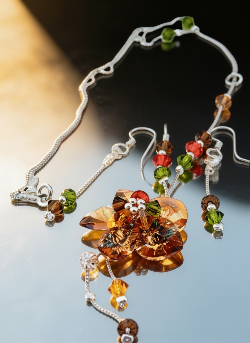Sterling Silver Necklace & Earrings Set with Orange Swarovski Crystal Flower