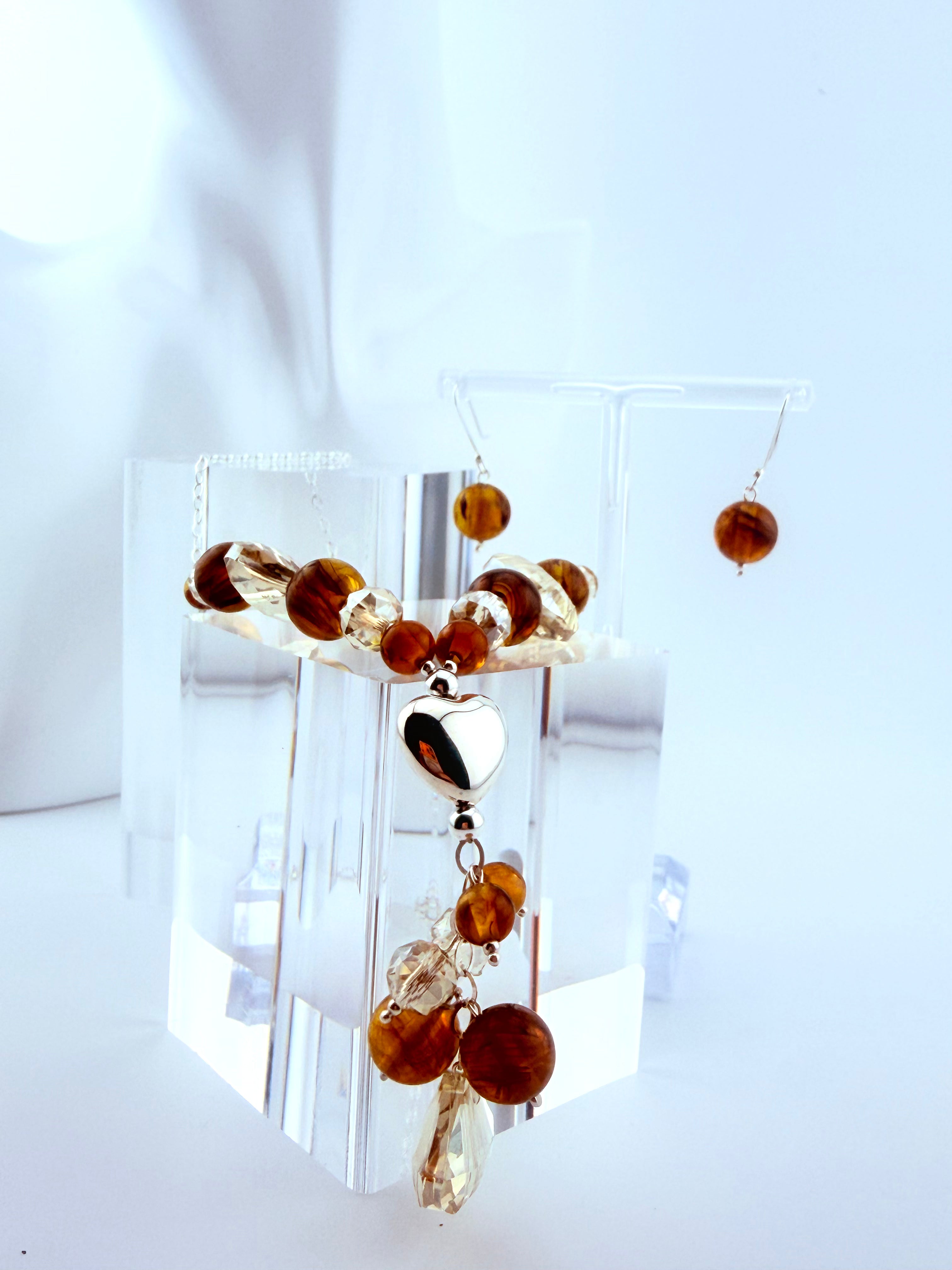 Puffed Heart Sterling Silver Necklace & Earrings Set with Orange Crystals