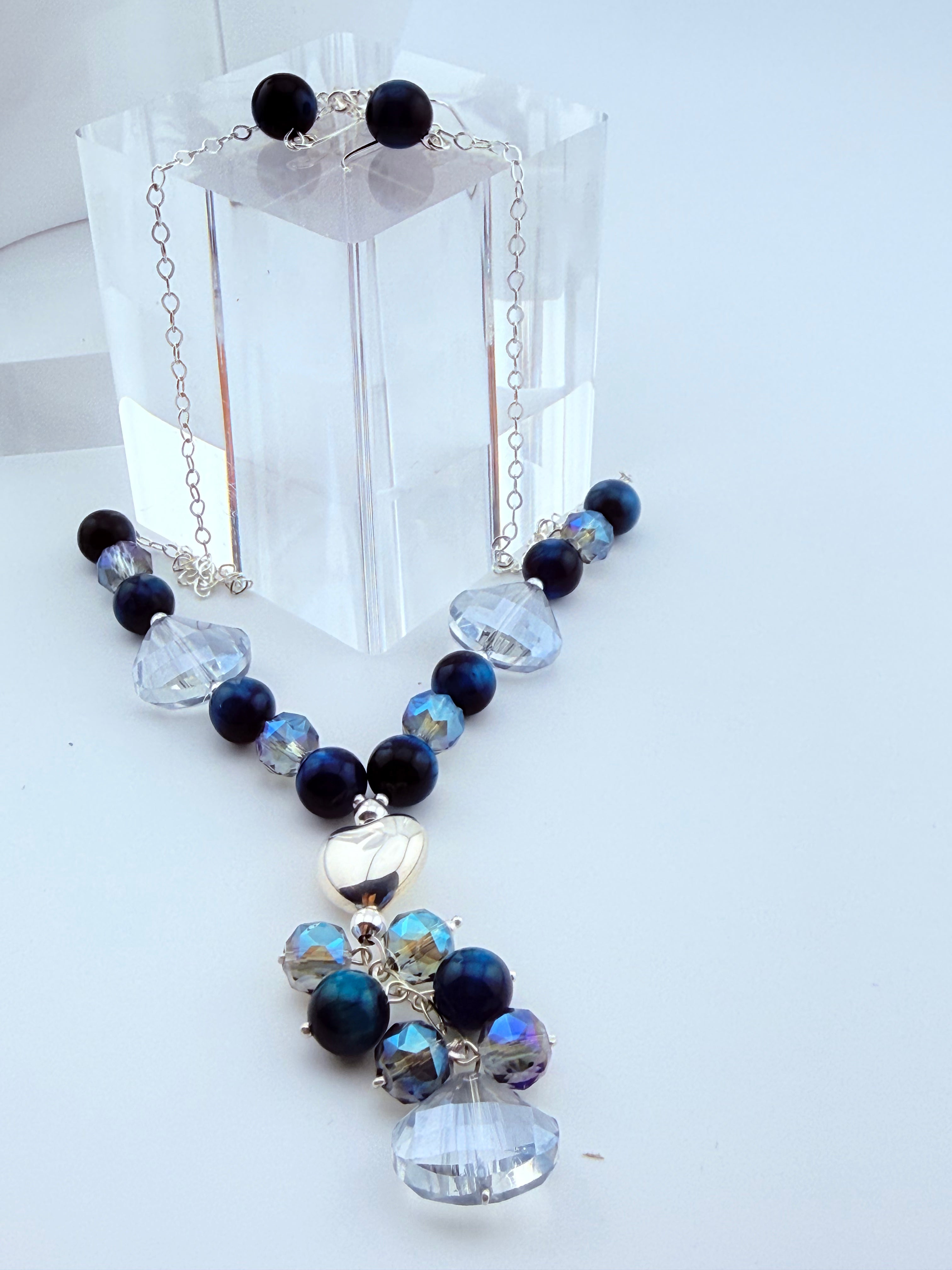 Puffed Heart Sterling Silver Necklace & Earrings Set with Natural Agates
