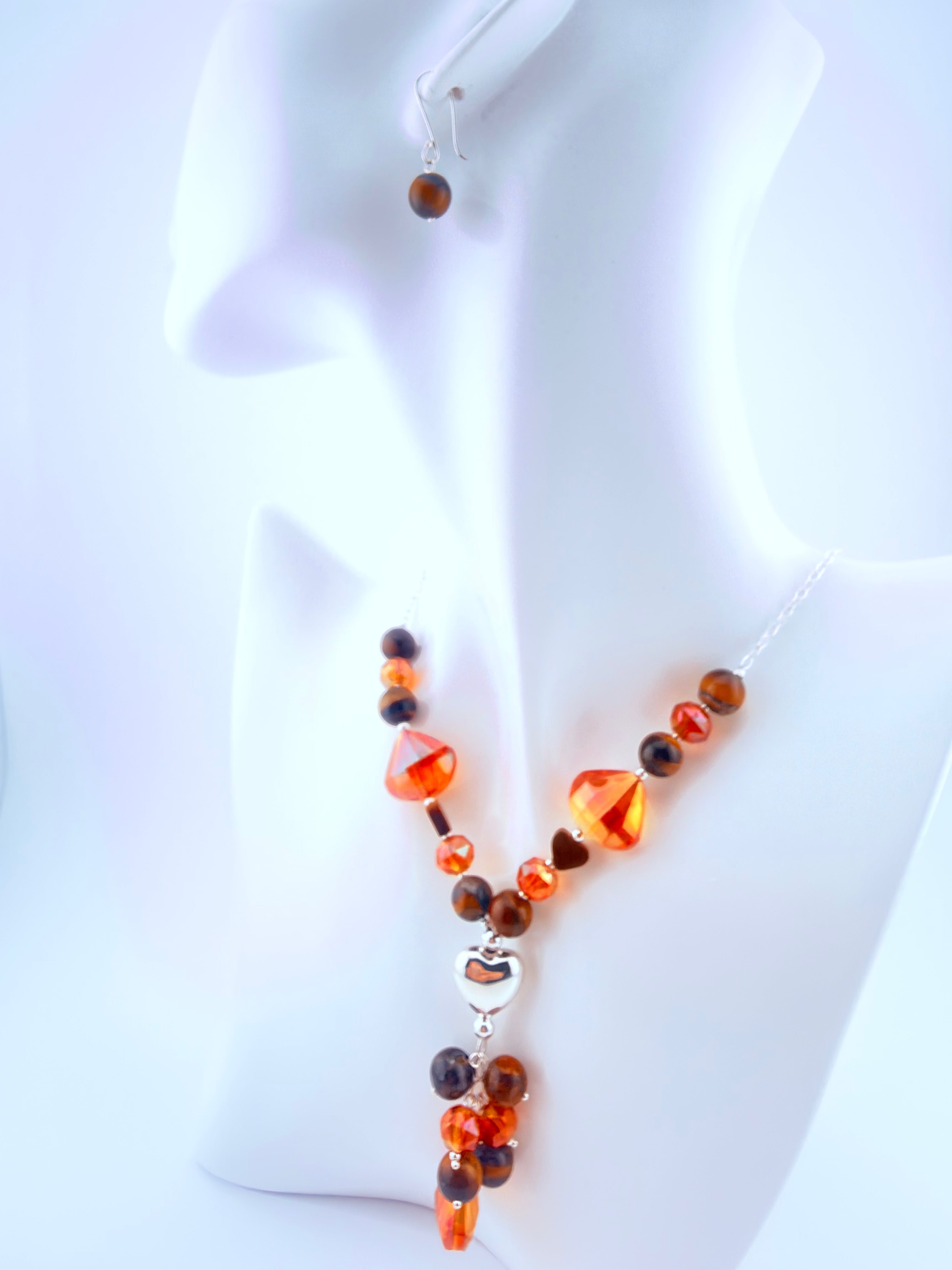 Tiger’s Eye Heart Necklace & Swarovski Crystal Earrings Set