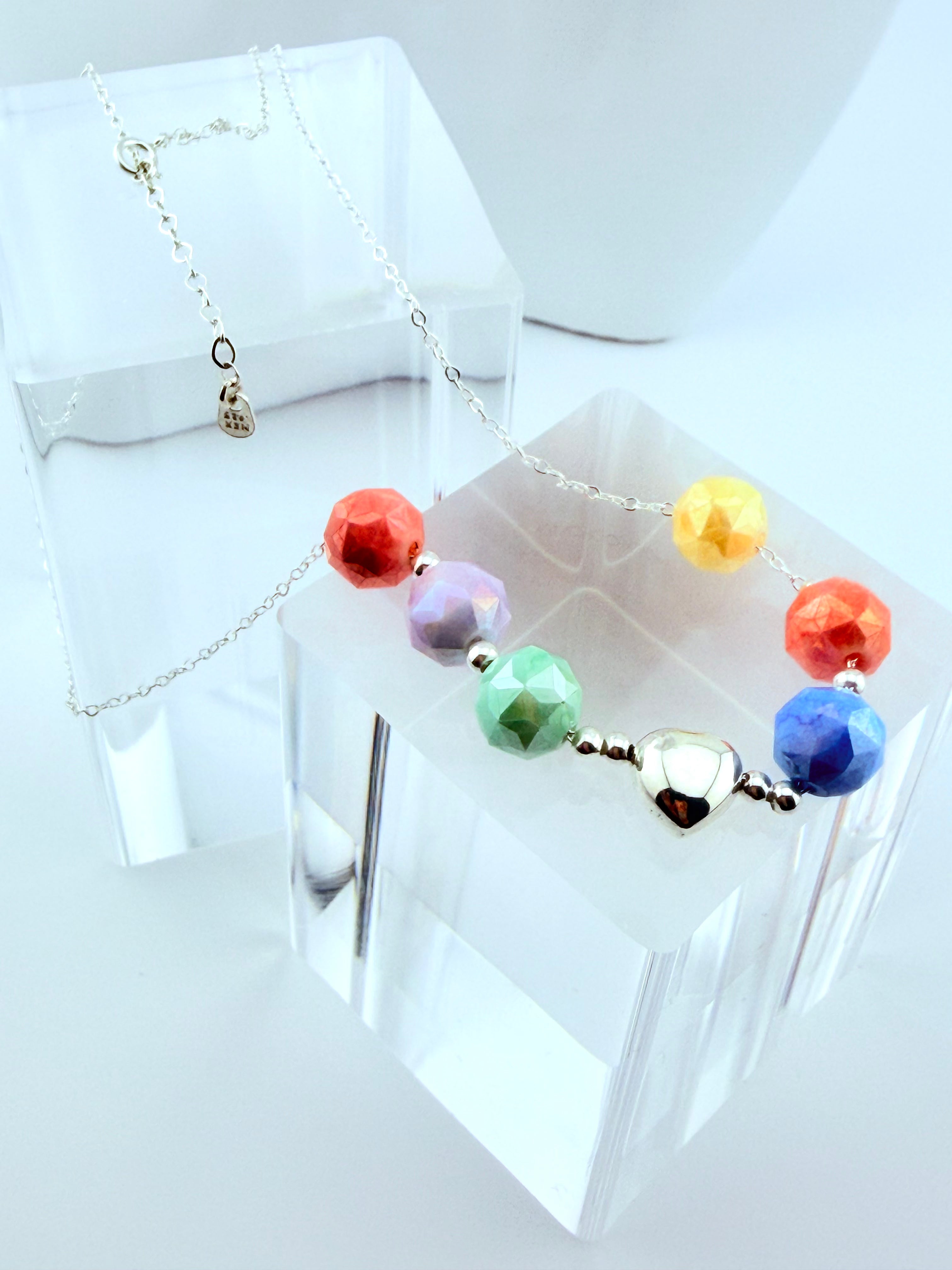 Multicolor Faceted Agate Silver Heart Necklace