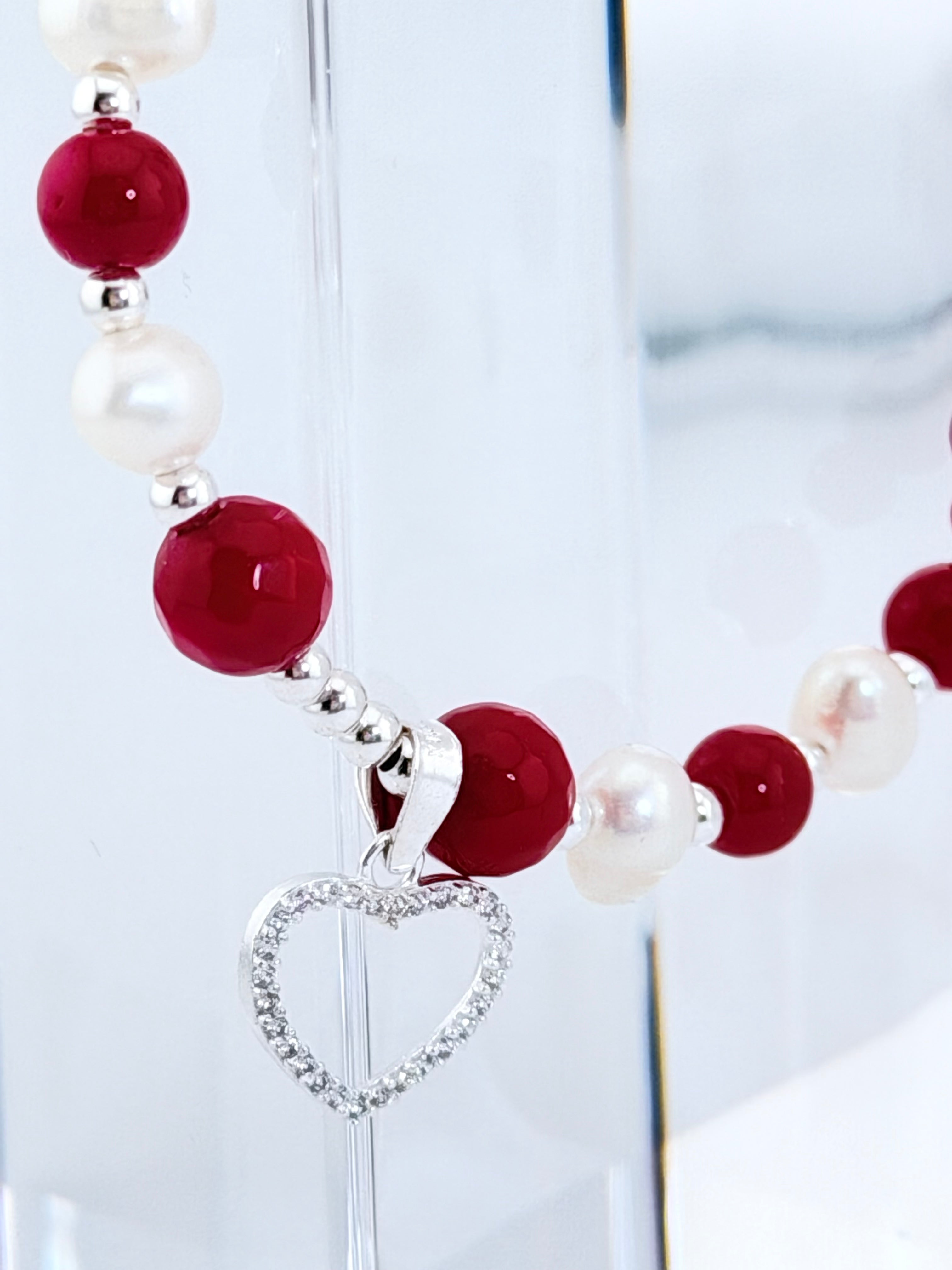 Pulsera Corazón de Ágata Facetada y Perlas Naturales