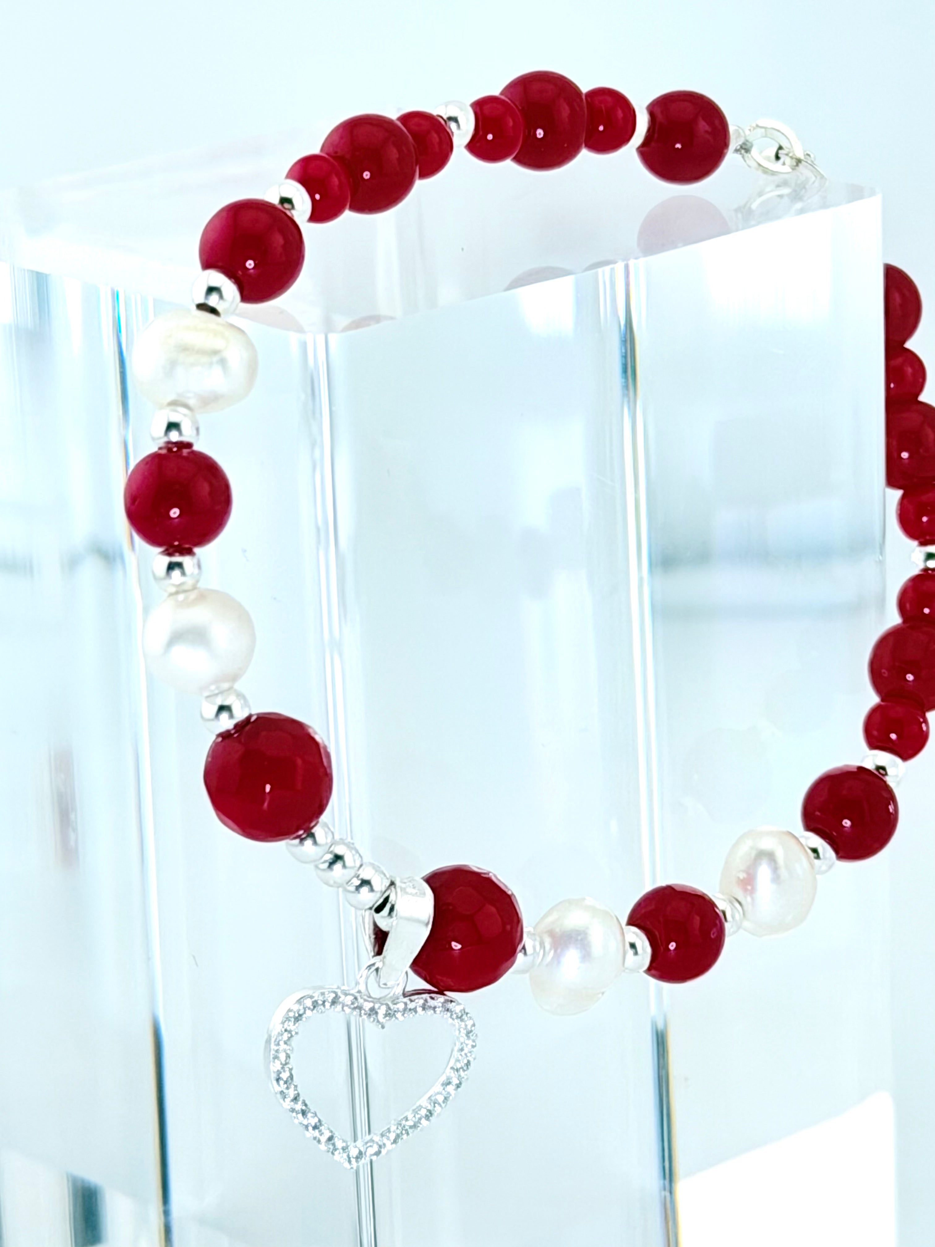 Pulsera Corazón de Ágata Facetada y Perlas Naturales