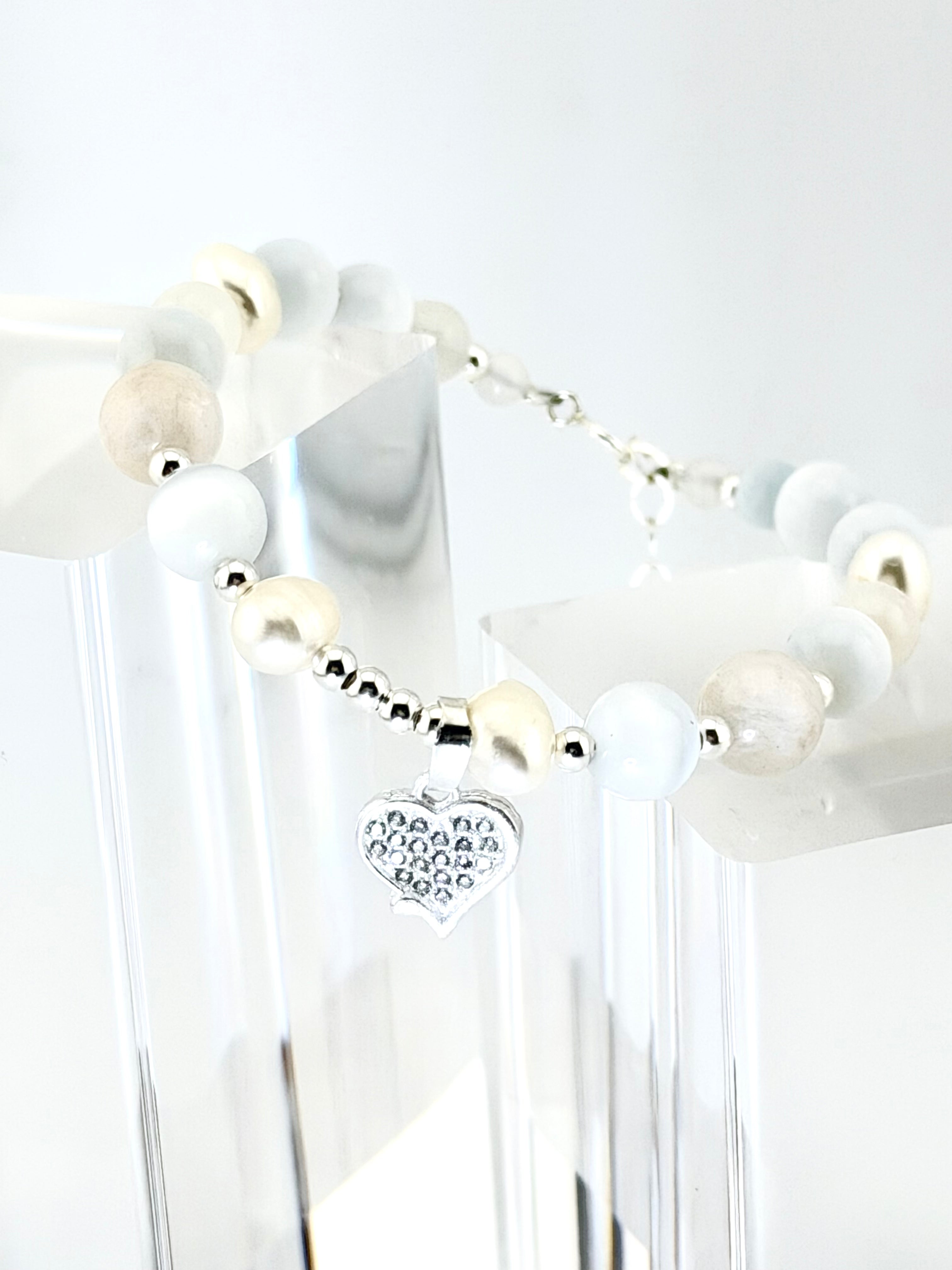 Pulsera de Ojo de Gato natural y Perlas con Dije de Corazón de Micro-Zirconia