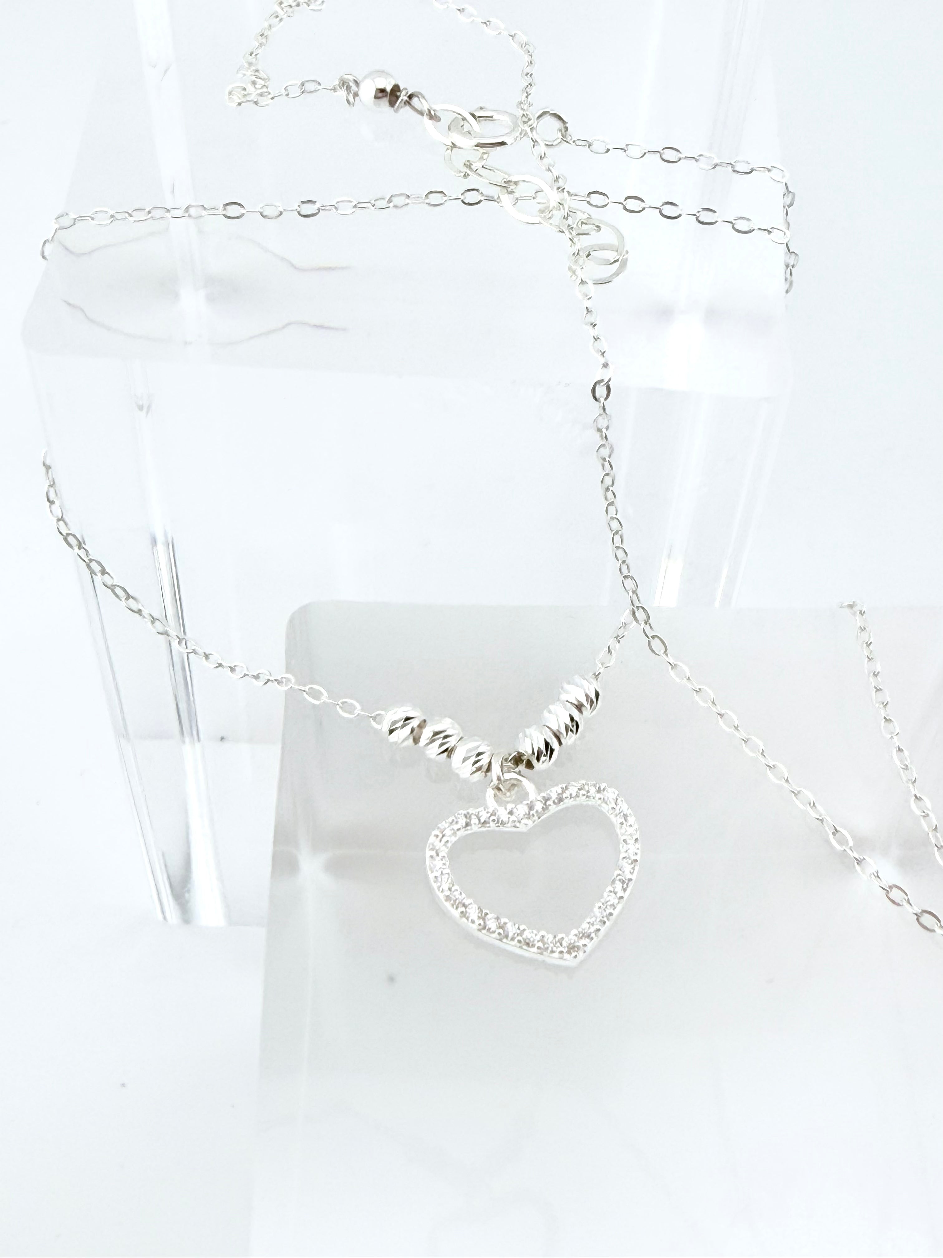 Silouet Heart with Micro-Zirconia & Diamond-Cut Beads Sterling Silver Necklace