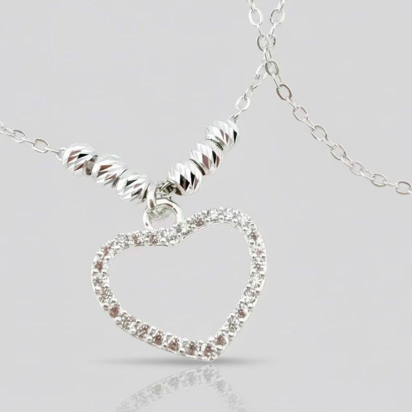 Silouet Heart with Micro-Zirconia & Diamond-Cut Beads Sterling Silver Necklace